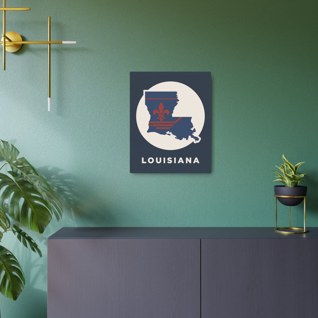 Louisiana metal art sign with state map and fleur-de-lis, featuring LOUISIANA text