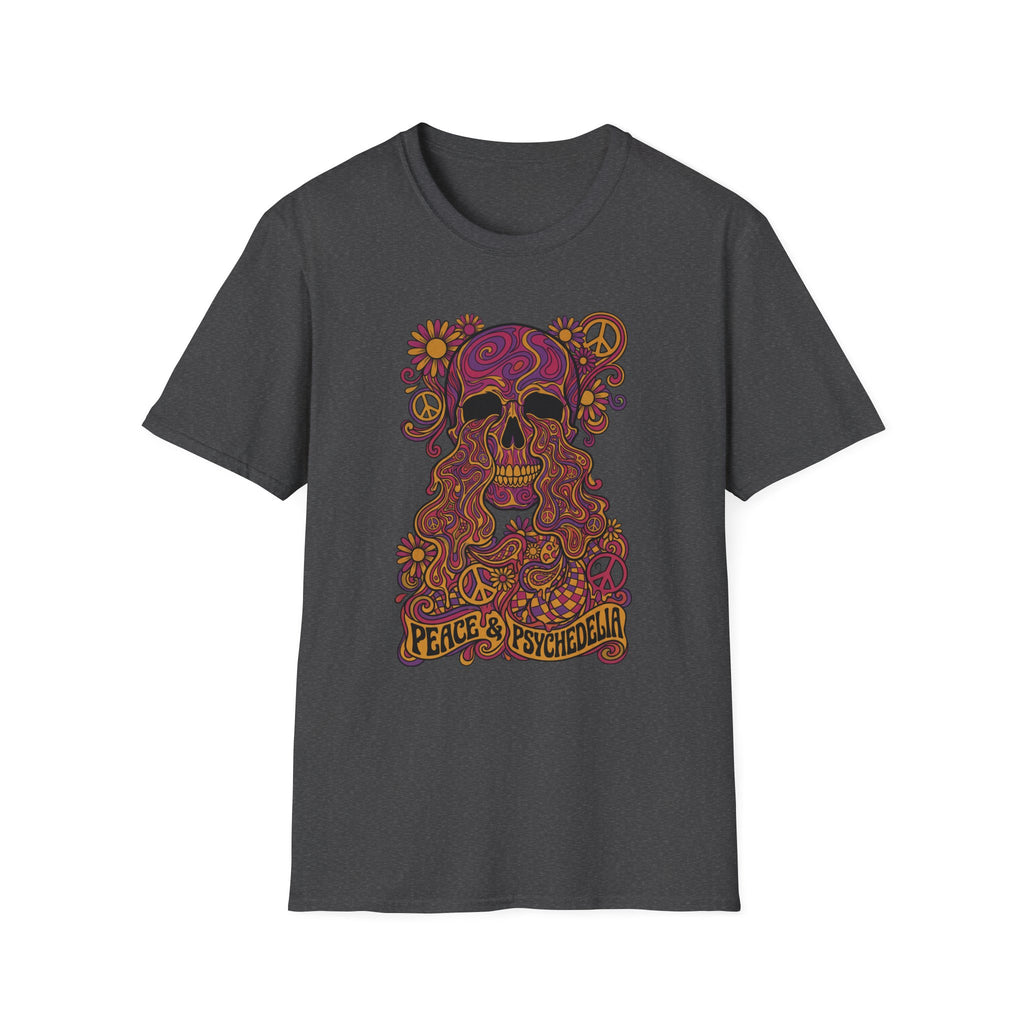 Skull T-shirt in dark gray with colorful floral psychedelic skull graphic and peace slogan