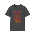 Skull T-shirt in dark gray with colorful floral psychedelic skull graphic and peace slogan