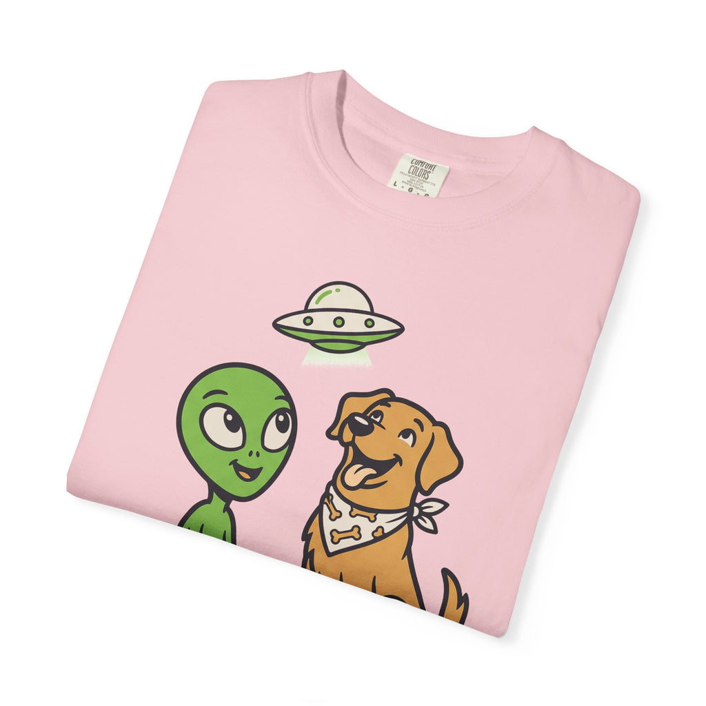 Pink T-shirt with alien and dog cartoon graphic on the chest