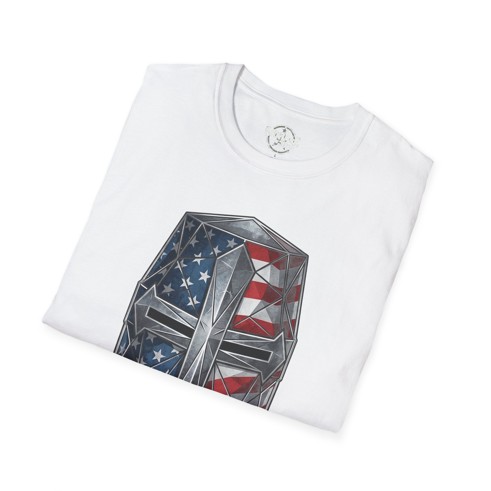 White T-Shirt with close-up crusader helmet American-flag graphic