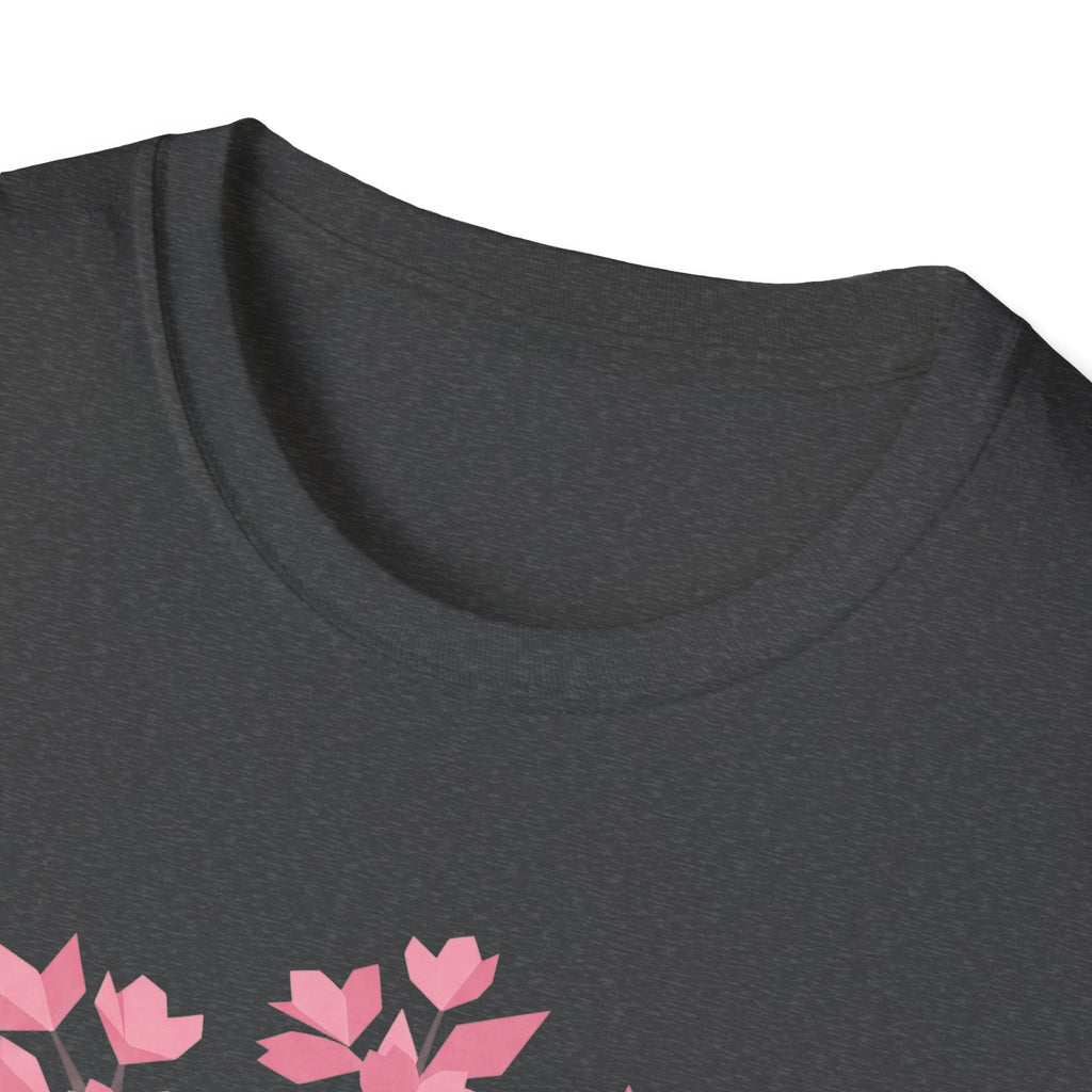 Dark heather crew neck T-shirt with partial pink cherry blossom graphic at hem