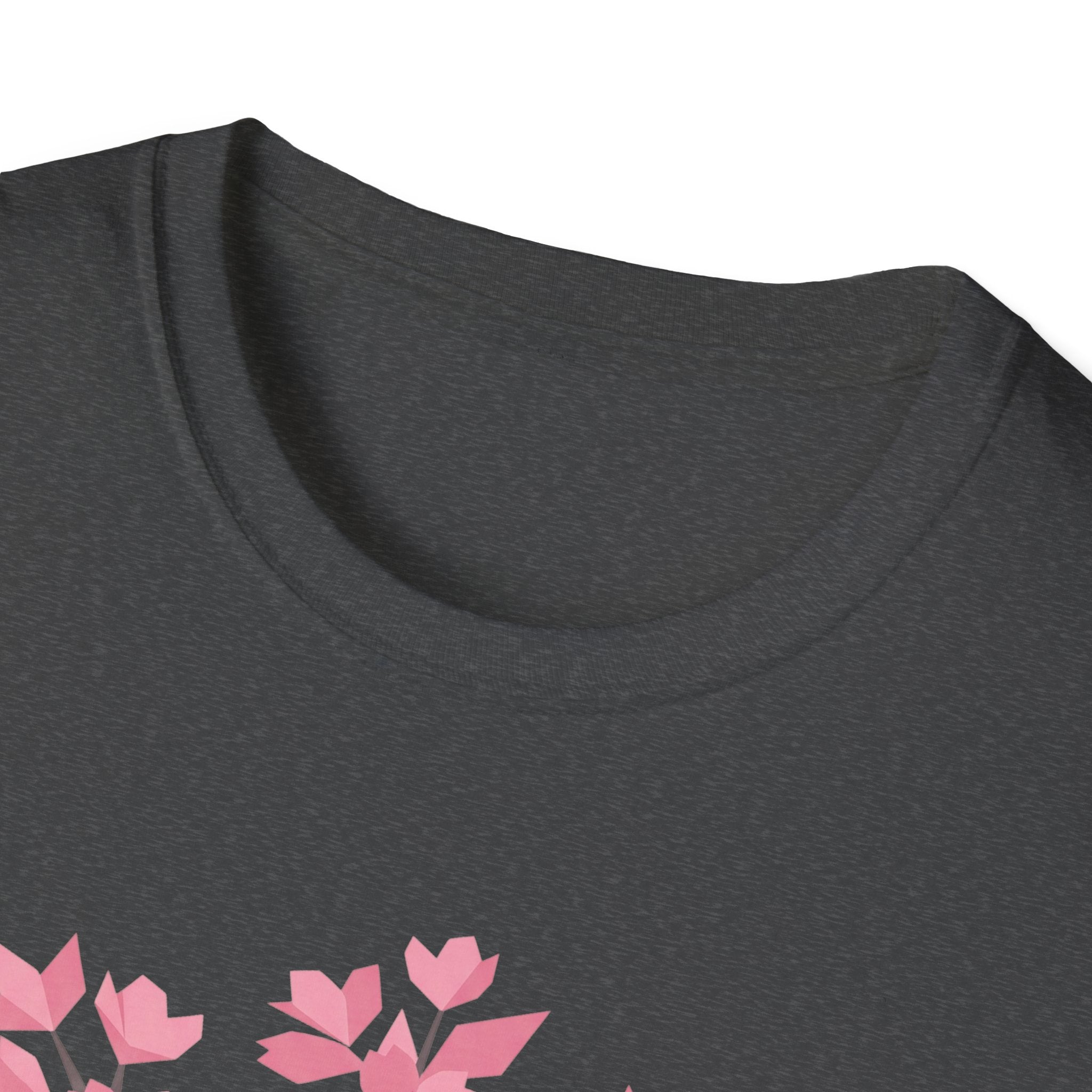 Dark heather crew neck T-shirt with partial pink cherry blossom graphic at hem
