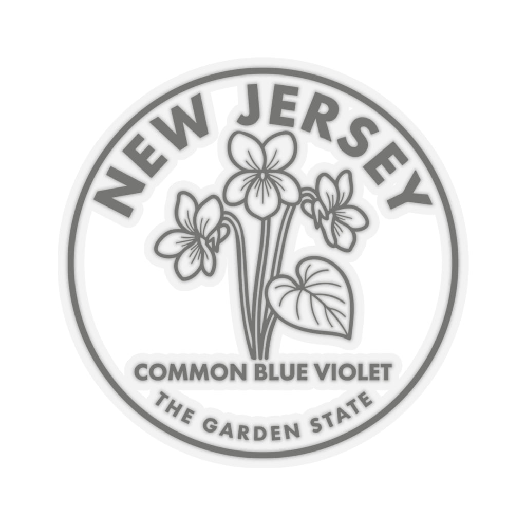 Circular New Jersey common blue violet sticker with botanical line art on transparent vinyl