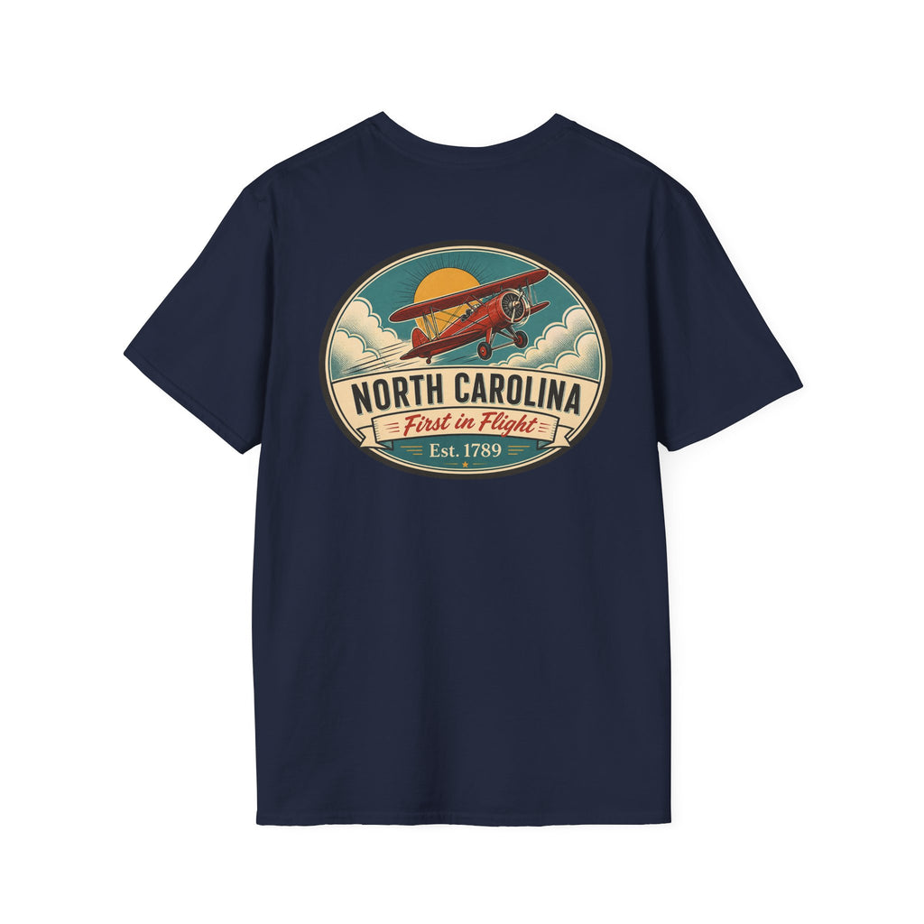 Dark navy T-shirt with North Carolina biplane oval graphic, crewneck short sleeves