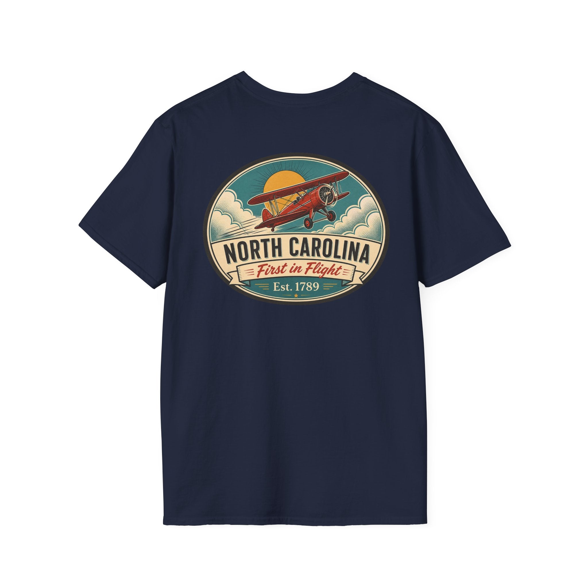Dark navy T-shirt with North Carolina biplane oval graphic, crewneck short sleeves