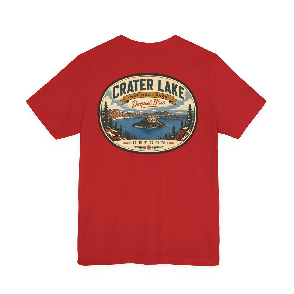 Red Crater Lake National Park T-shirt with large center round landscape graphic