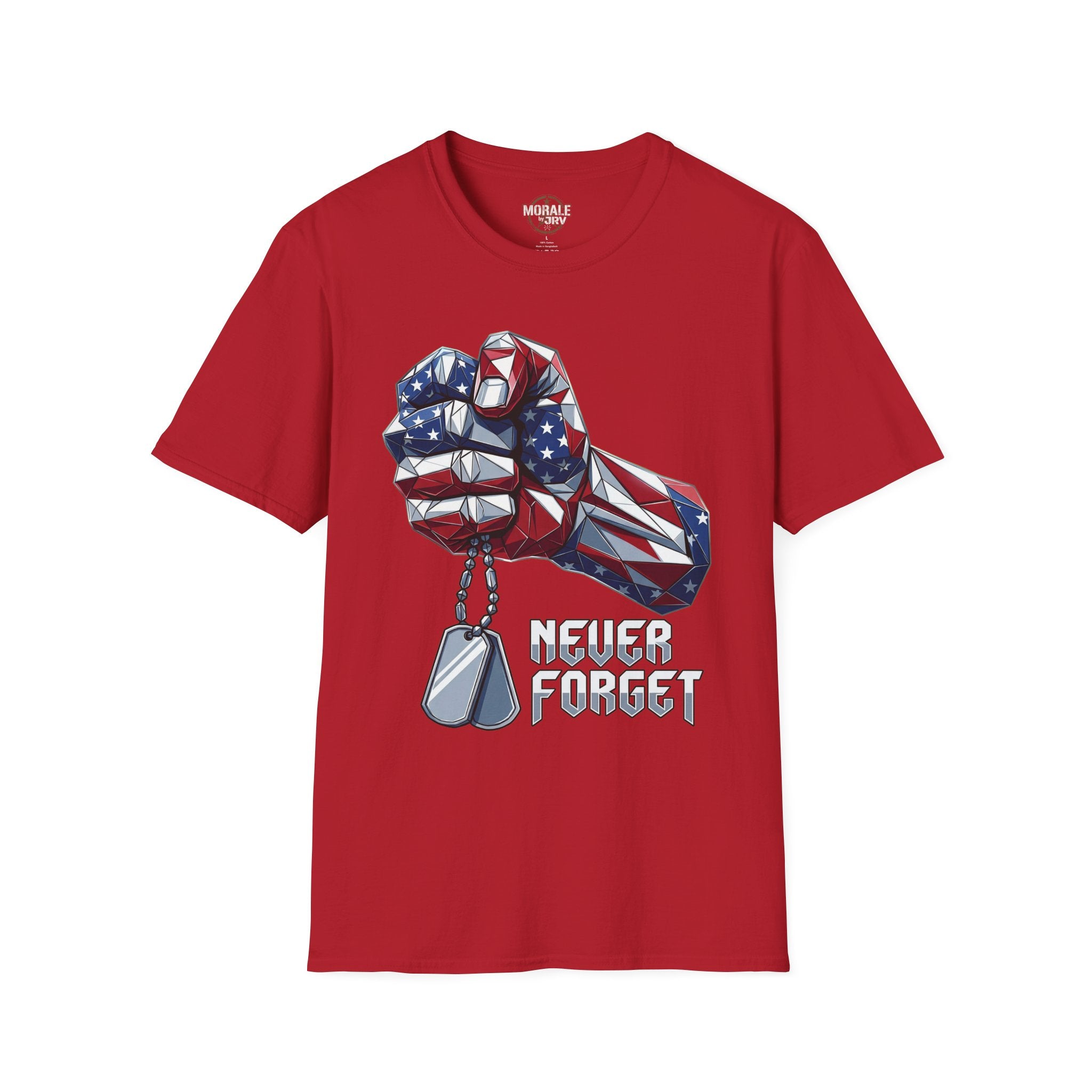 Red t-shirt with geometric patriotic fist, dog tags, and “Never Forget” text