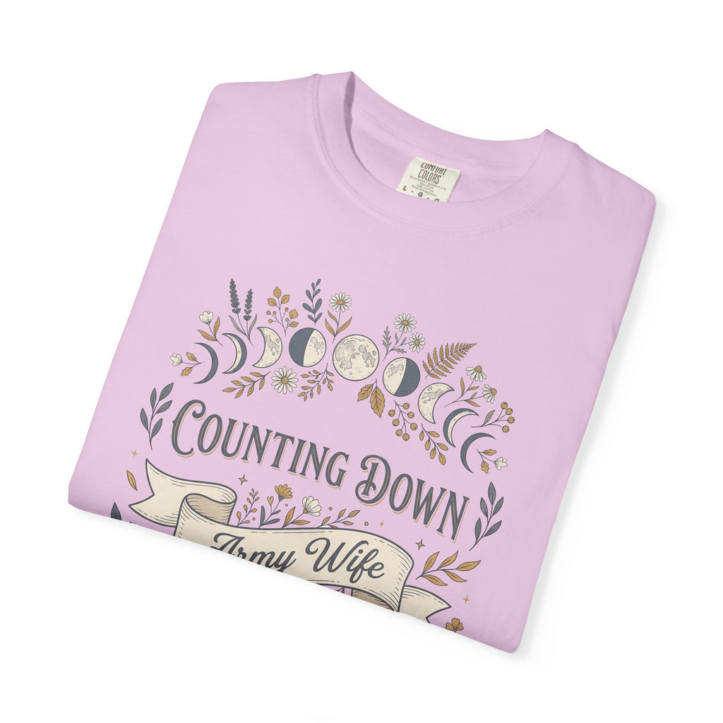 Light pink army wife countdown T-shirt with floral “Counting Down” close-up graphic