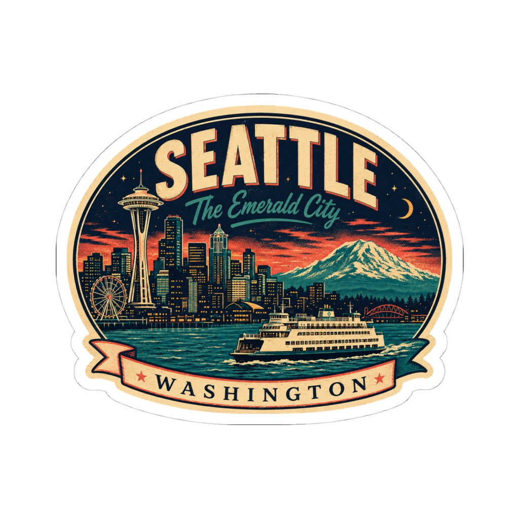 Seattle luggage tag sticker decal showing city skyline, Space Needle, Mount Rainier, and WA