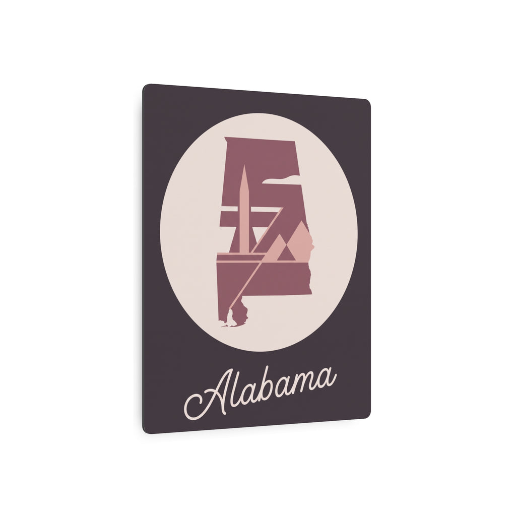 Square metal wall art with mauve Alabama silhouette and “Alabama” script on dark plaque