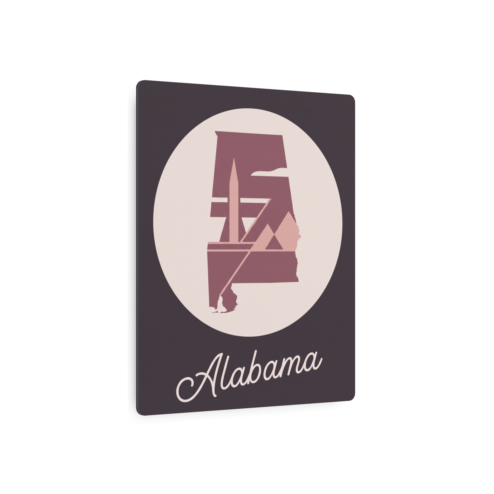 Square metal wall art with mauve Alabama silhouette and “Alabama” script on dark plaque