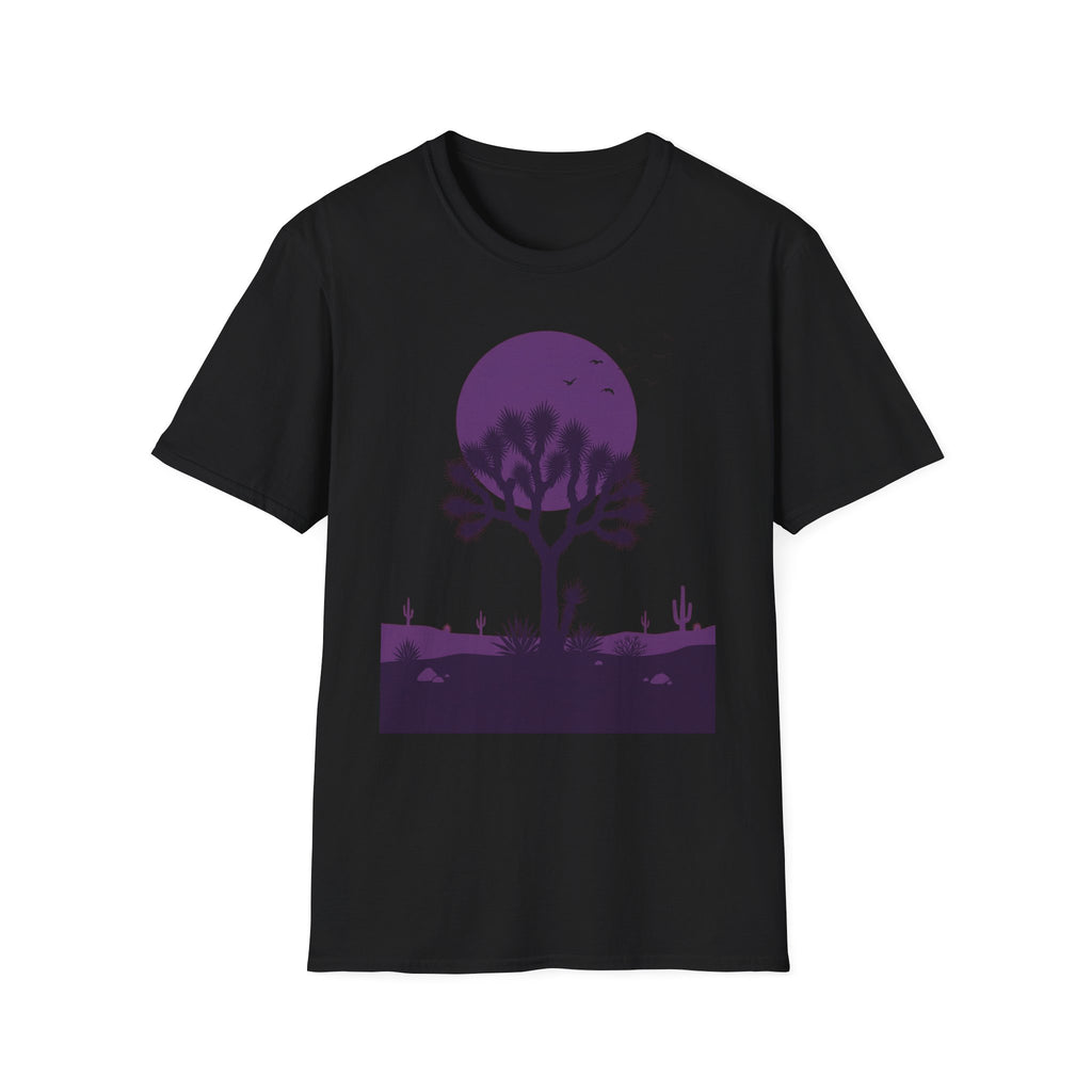 Black T-shirt with purple moon and Joshua tree desert landscape silhouette graphic