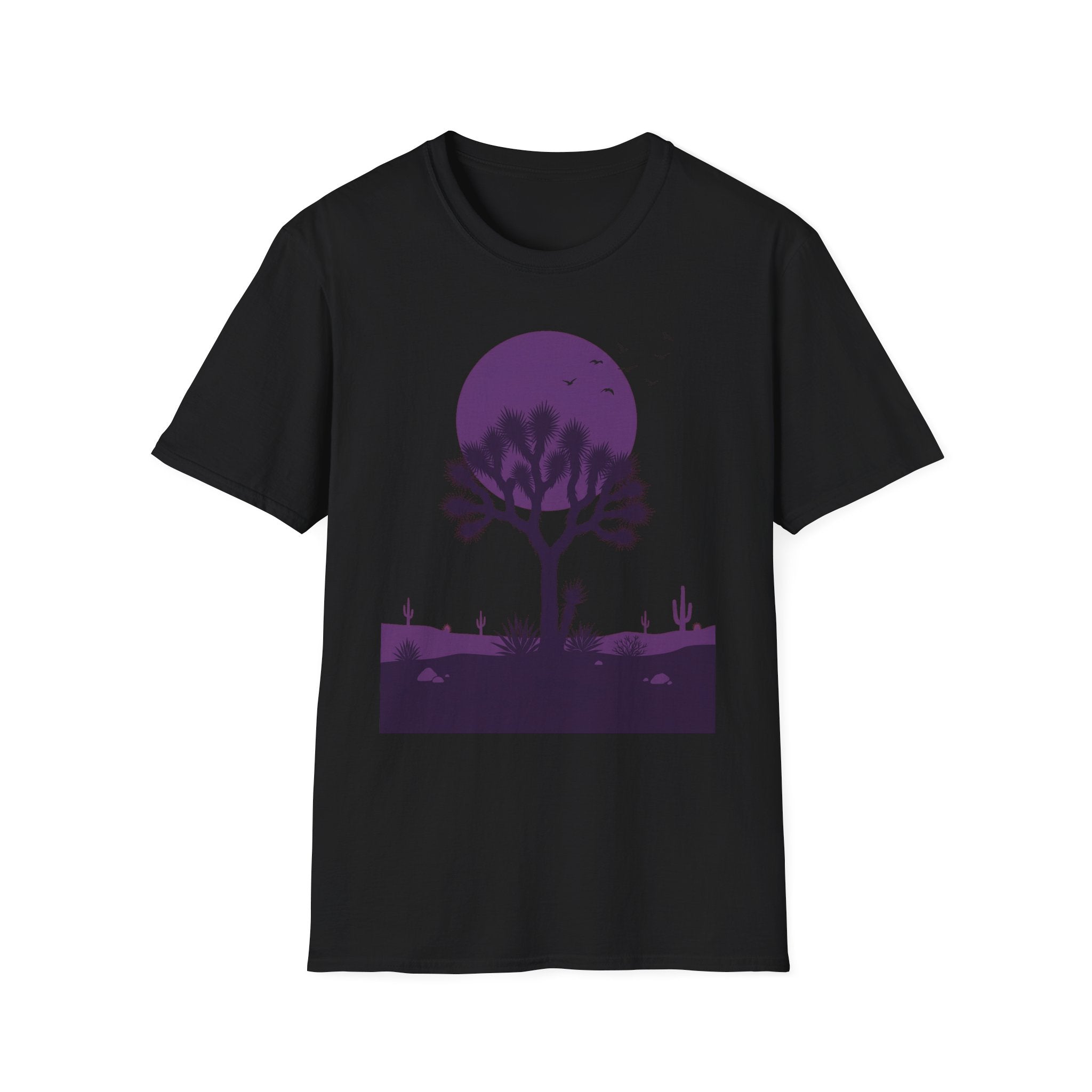 Black T-shirt with purple moon and Joshua tree desert landscape silhouette graphic