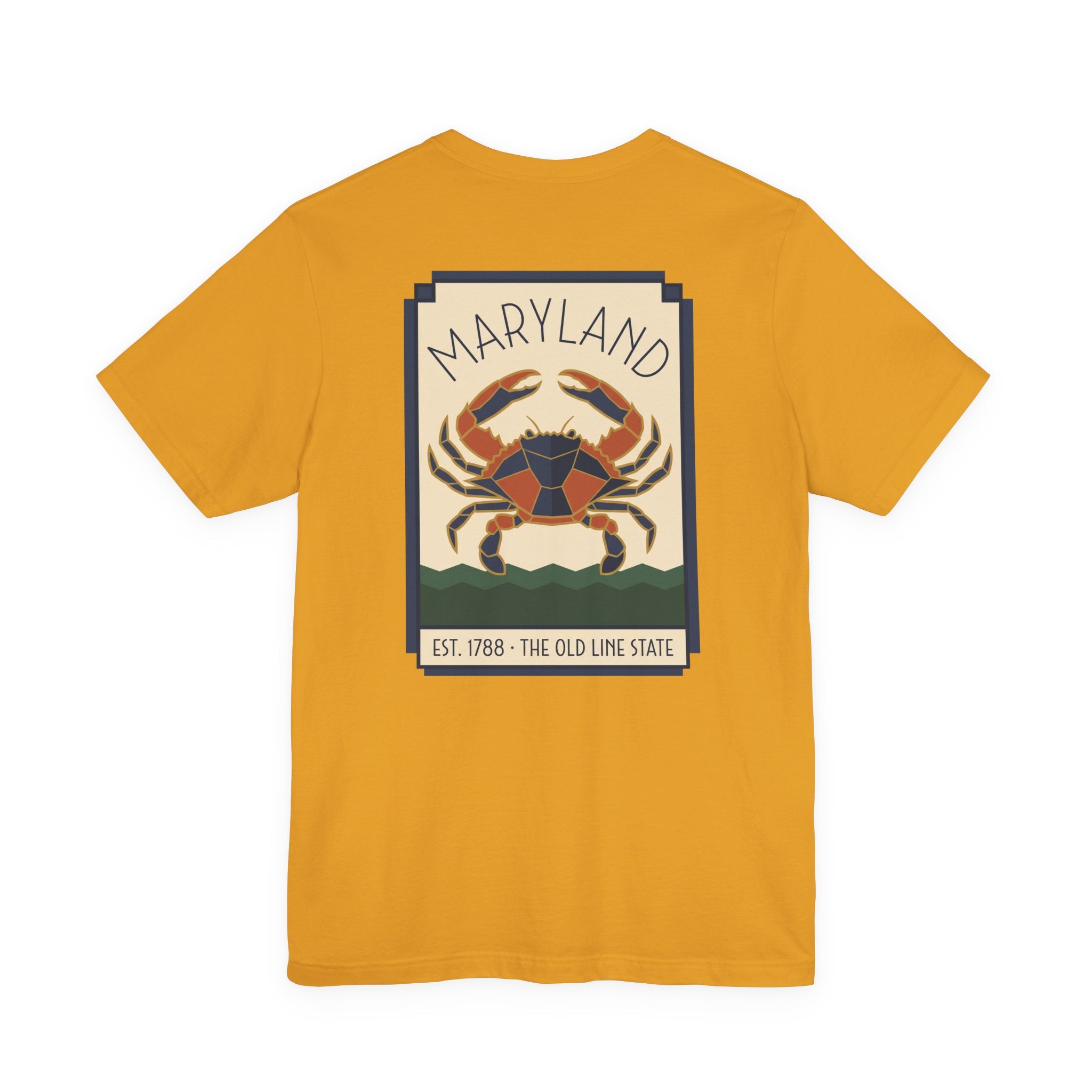 Mustard yellow t-shirt with Maryland art deco crab graphic on the front