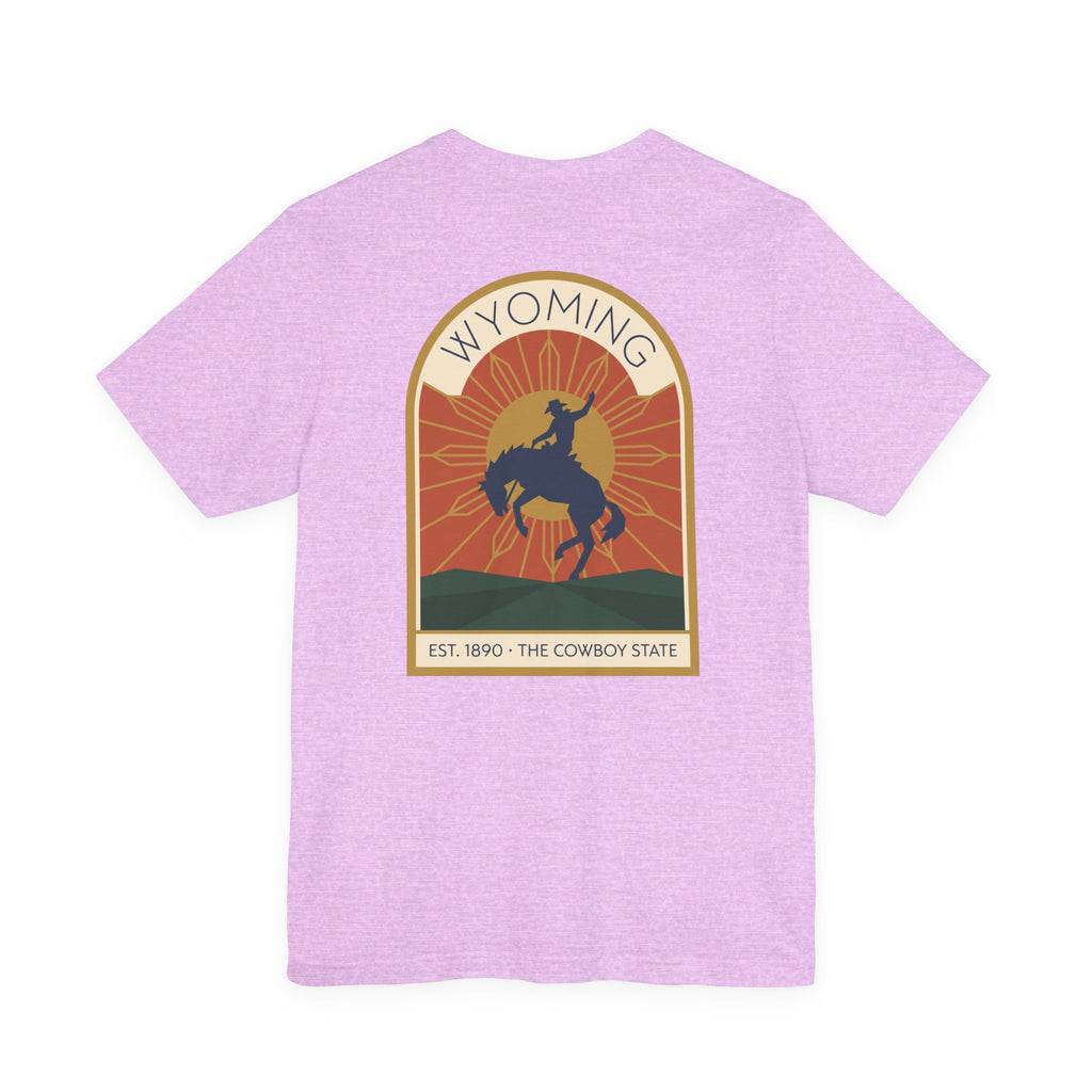 Heather prism lilac T-shirt with Wyoming rodeo bucking bronco graphic on front