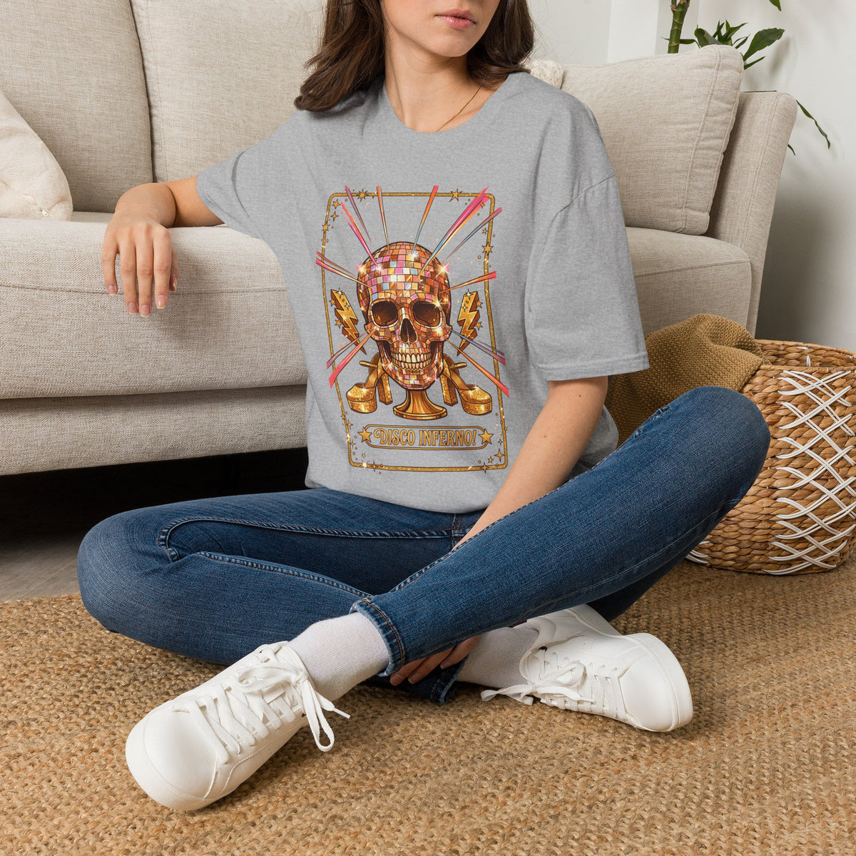 Sport grey unisex graphic T-shirt worn with front disco skull artwork