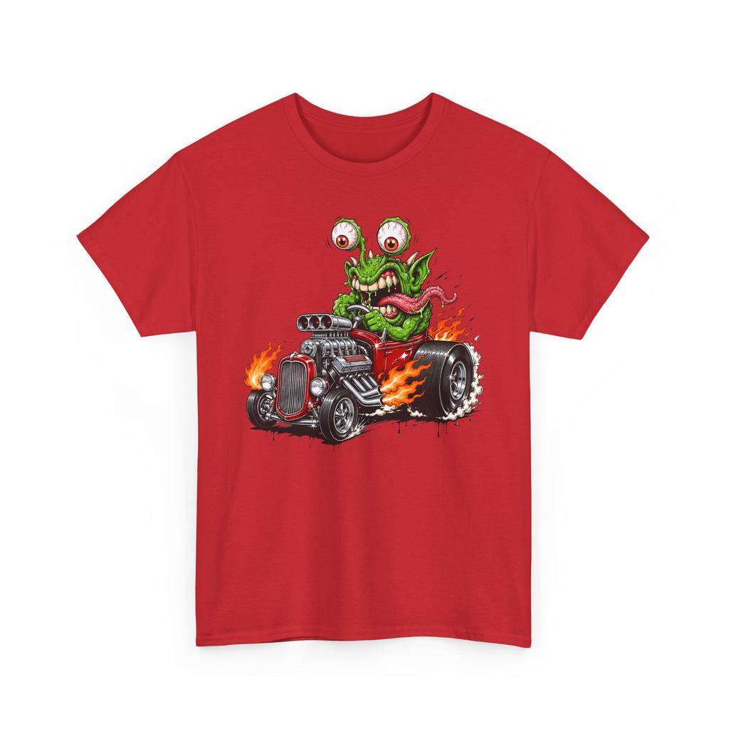 Red hot rod tee with monster driving car and flames graphic