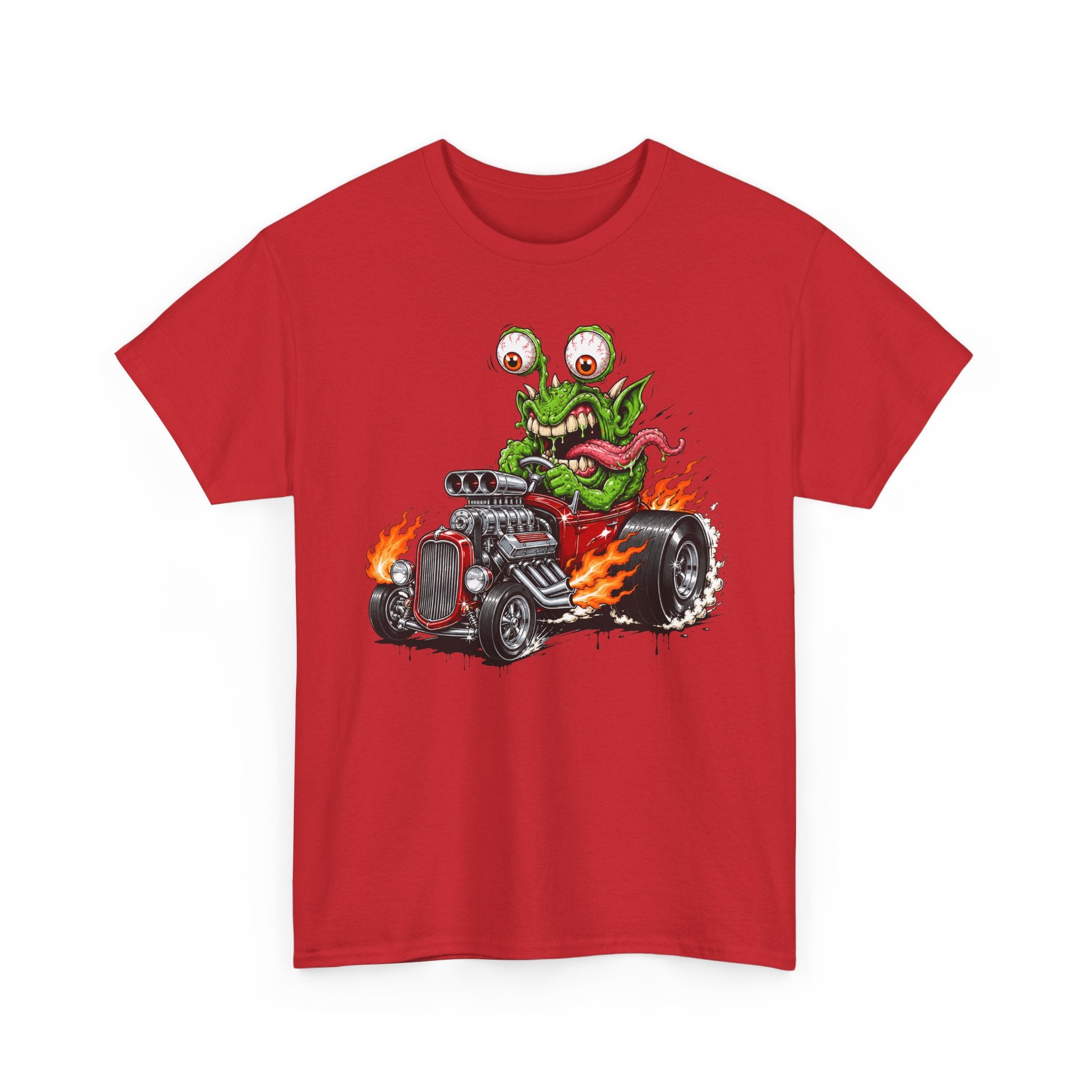 Red hot rod tee with monster driving car and flames graphic
