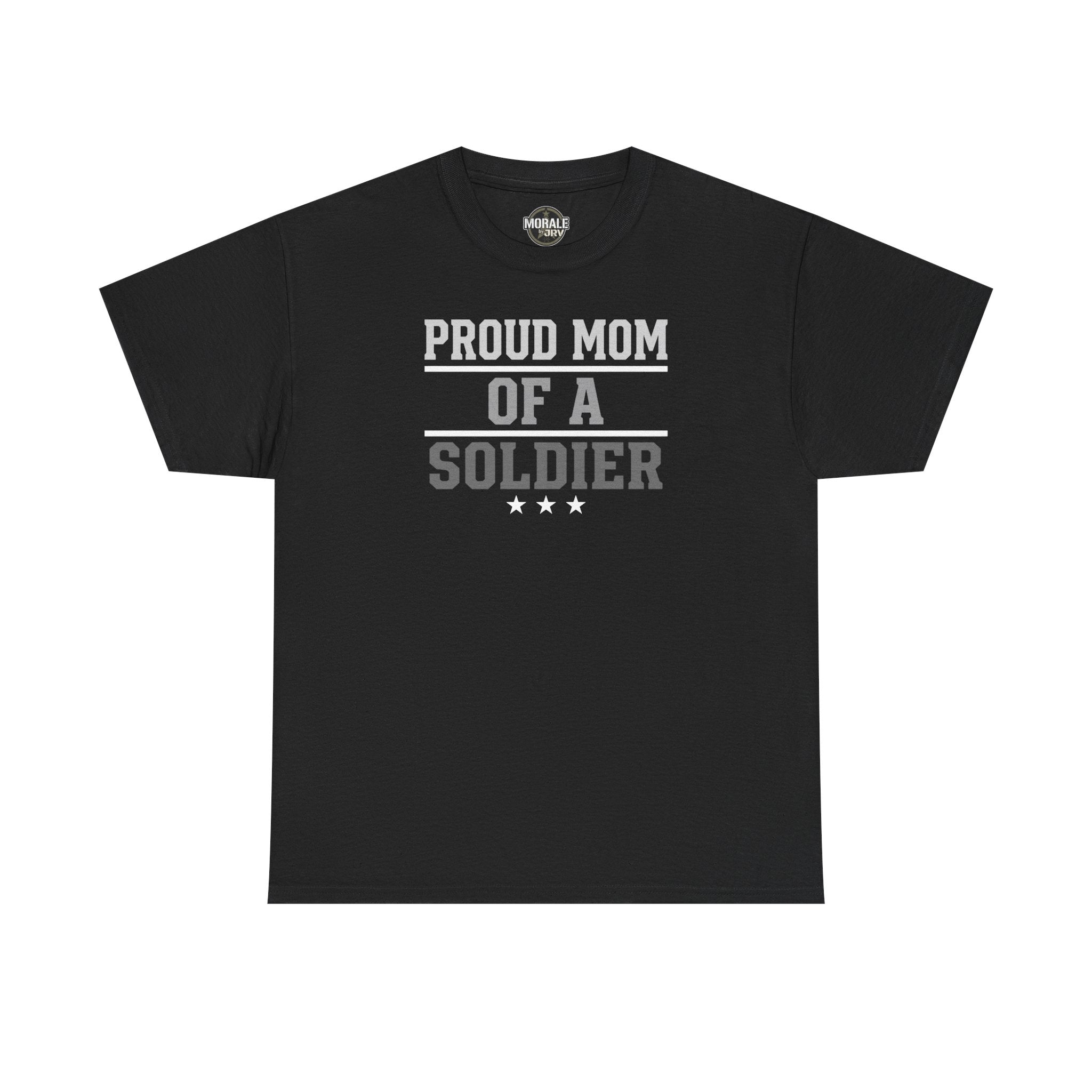 Black crewneck T-shirt with “Proud Mom of a Soldier” graphic and three stars