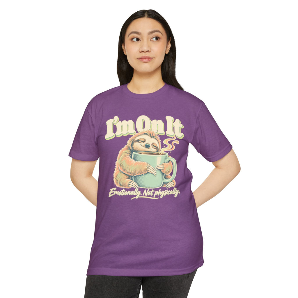Purple crewneck T-shirt with sloth coffee graphic on chest
