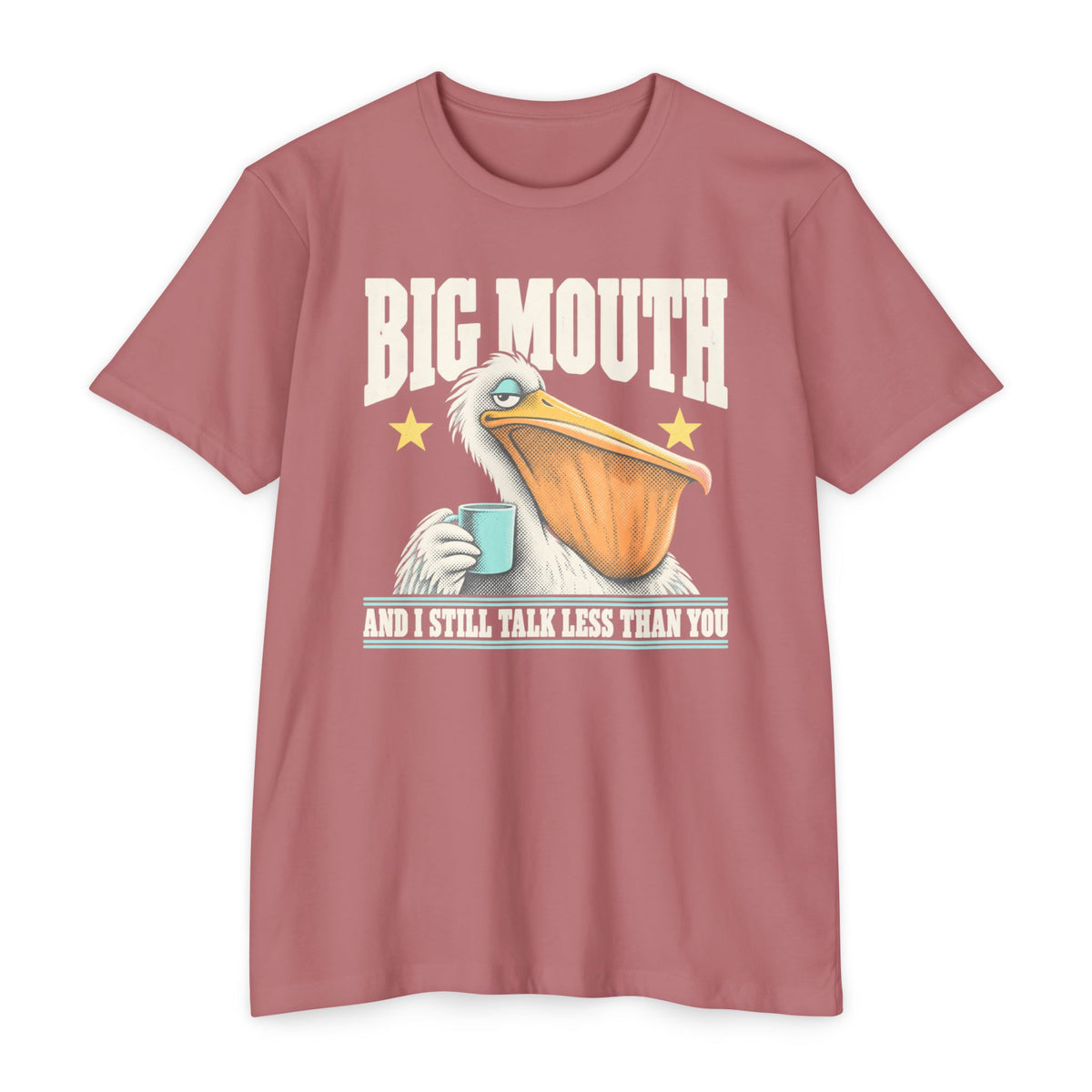 Men's mauve graphic T-shirt with pelican coffee cup and star text print