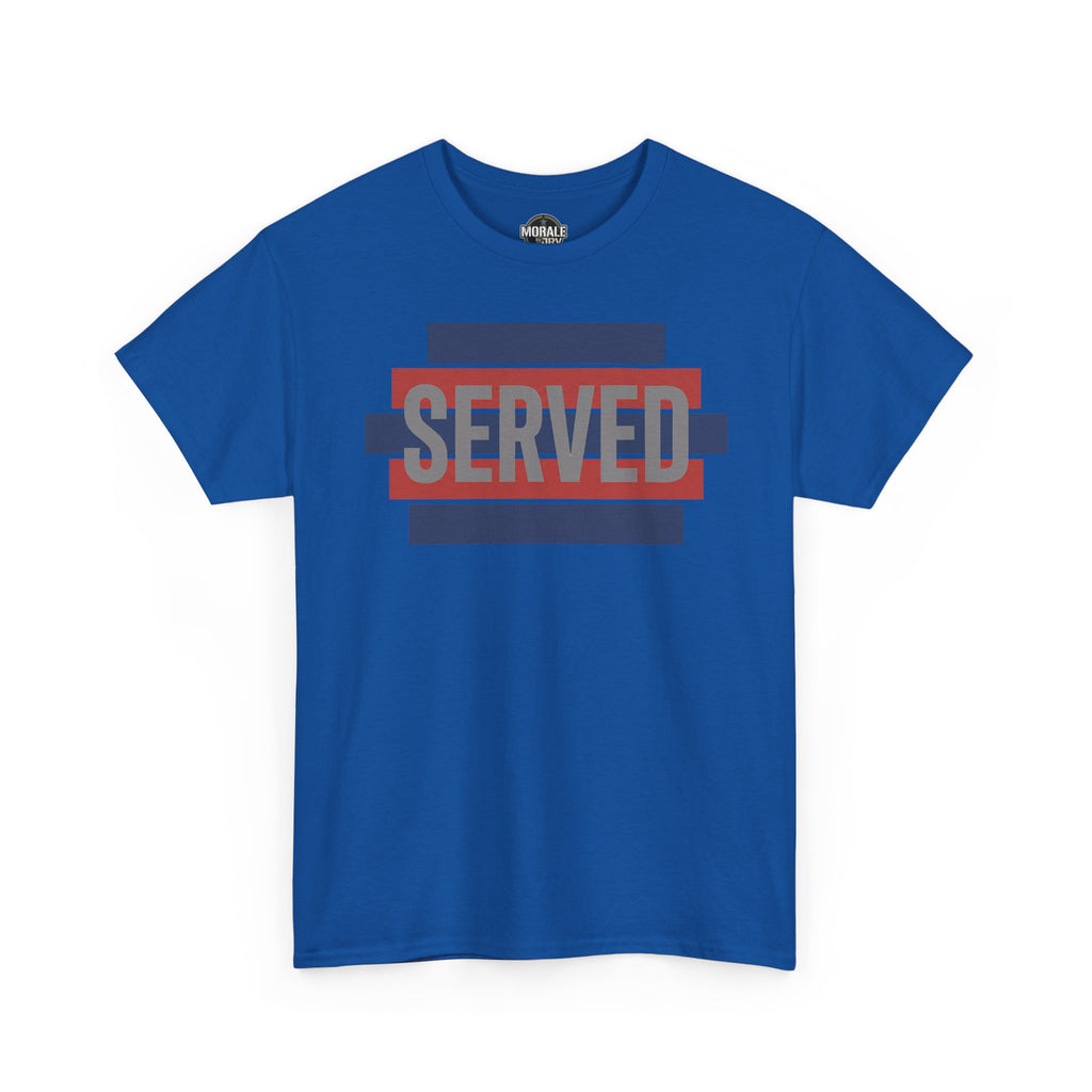 Blue short-sleeve T-shirt with crew neck and 'SERVED' graphic with red and blue stripes