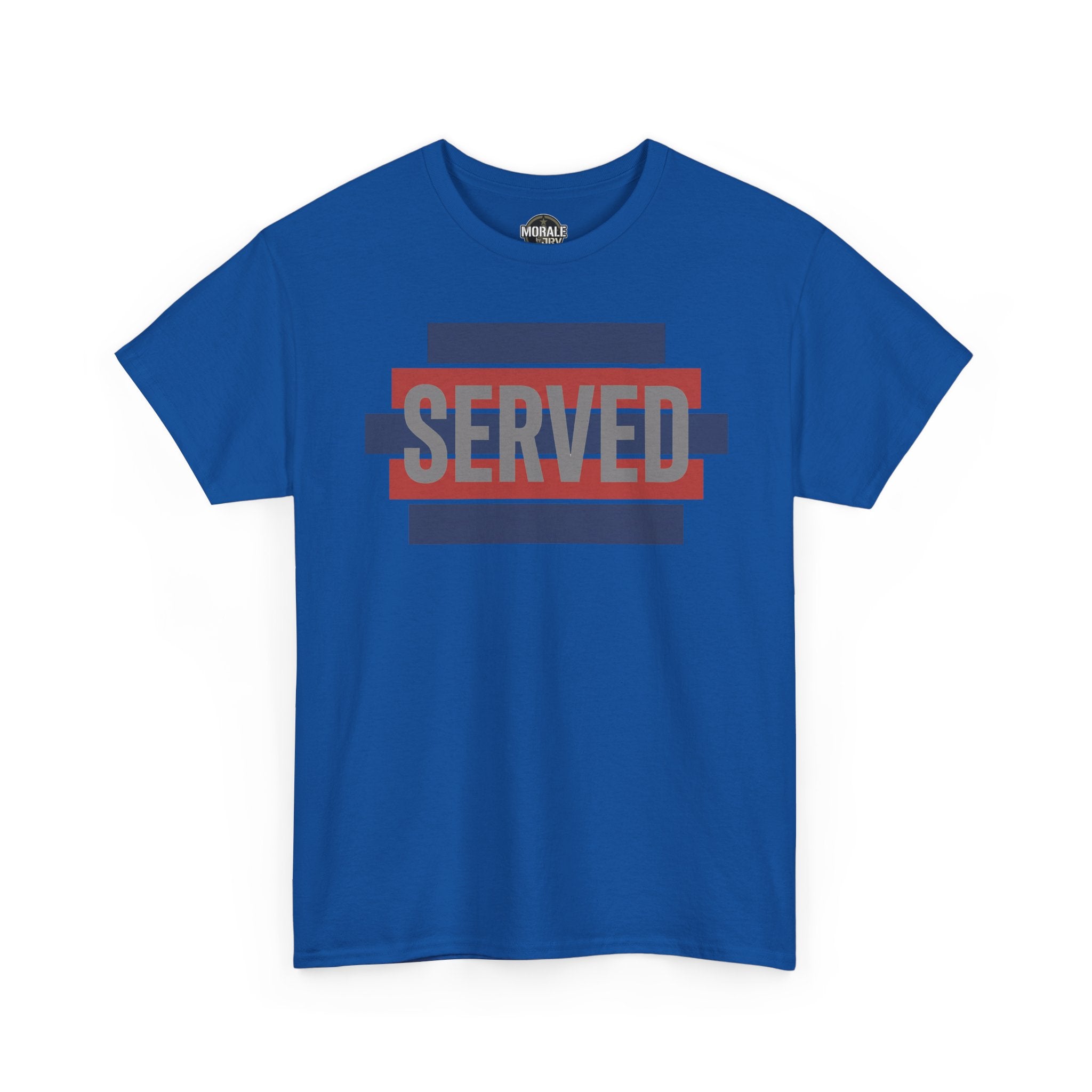 Blue short-sleeve T-shirt with crew neck and 'SERVED' graphic with red and blue stripes