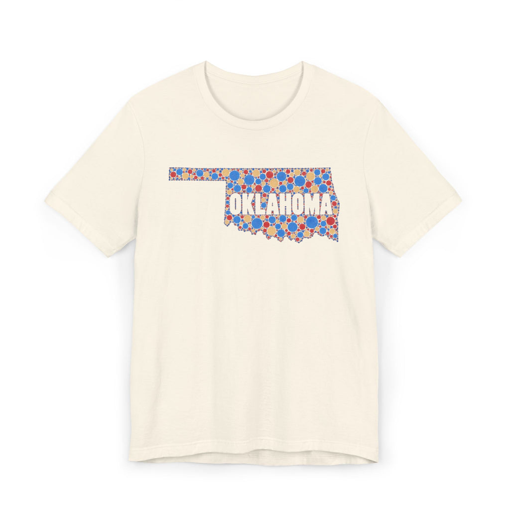 Natural T-shirt with colorful Oklahoma floral map graphic across chest
