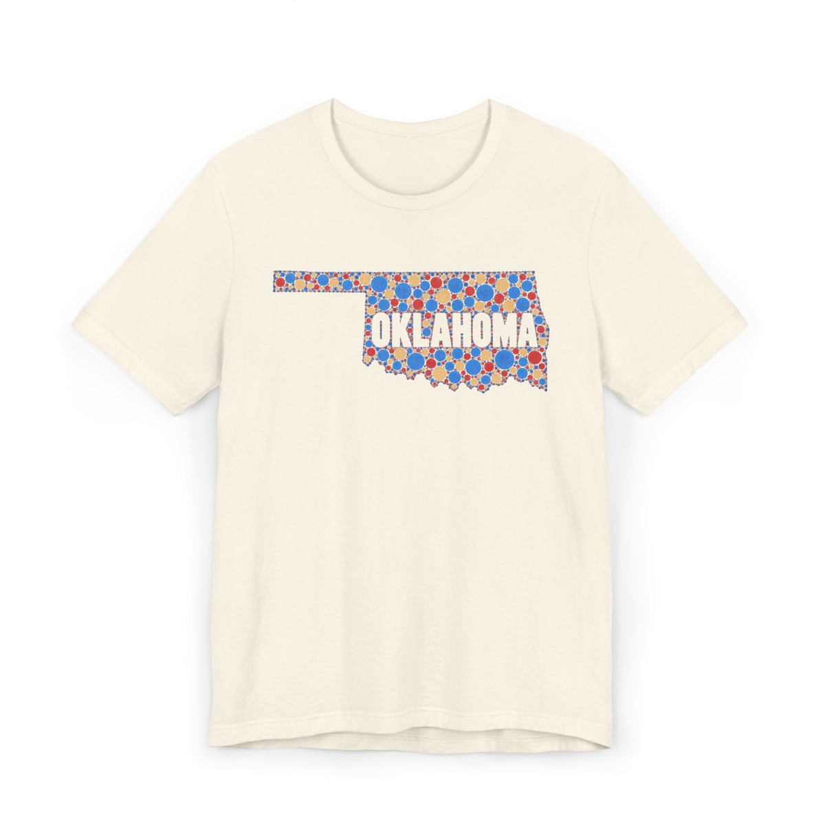 Natural T-shirt with colorful Oklahoma floral map graphic across chest