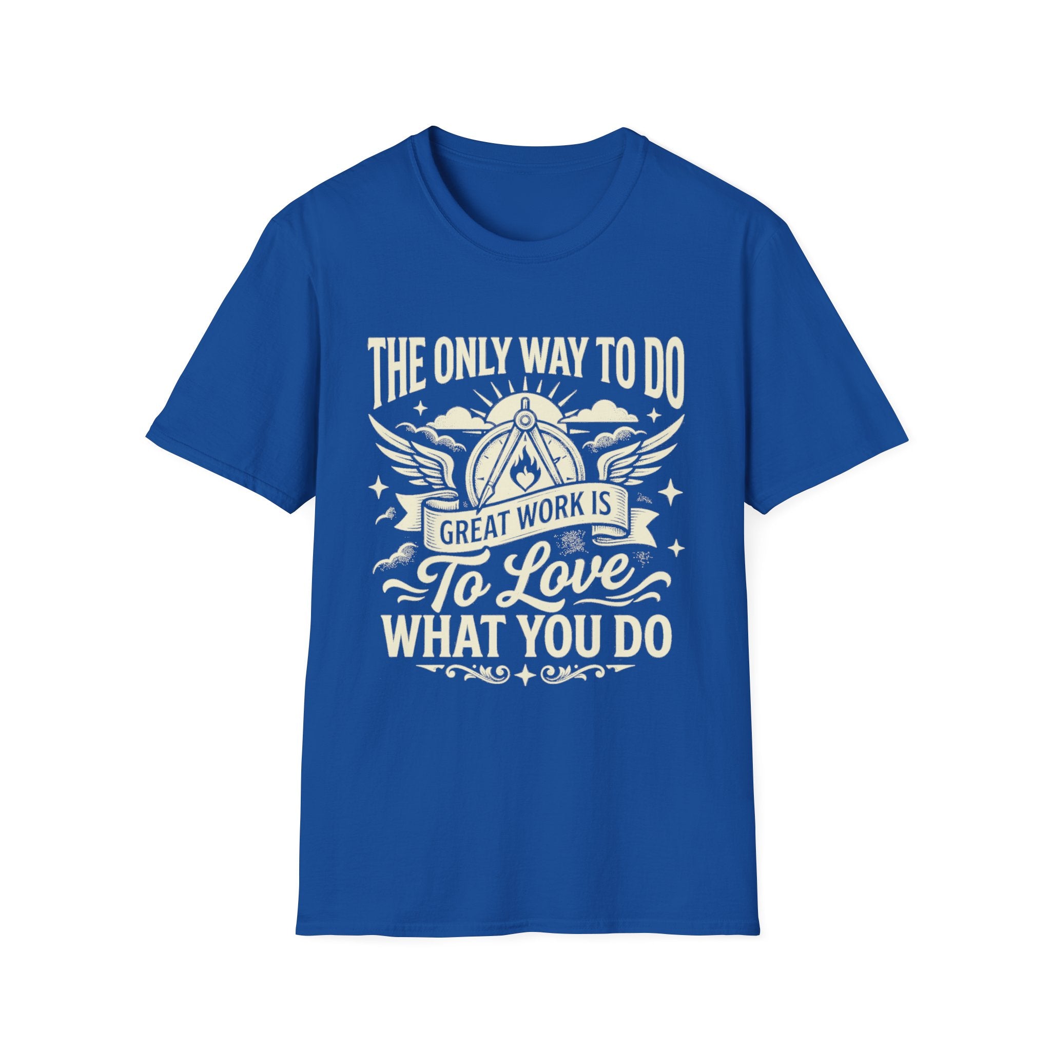 Royal blue T-shirt with “To love what you do” quote and winged emblem