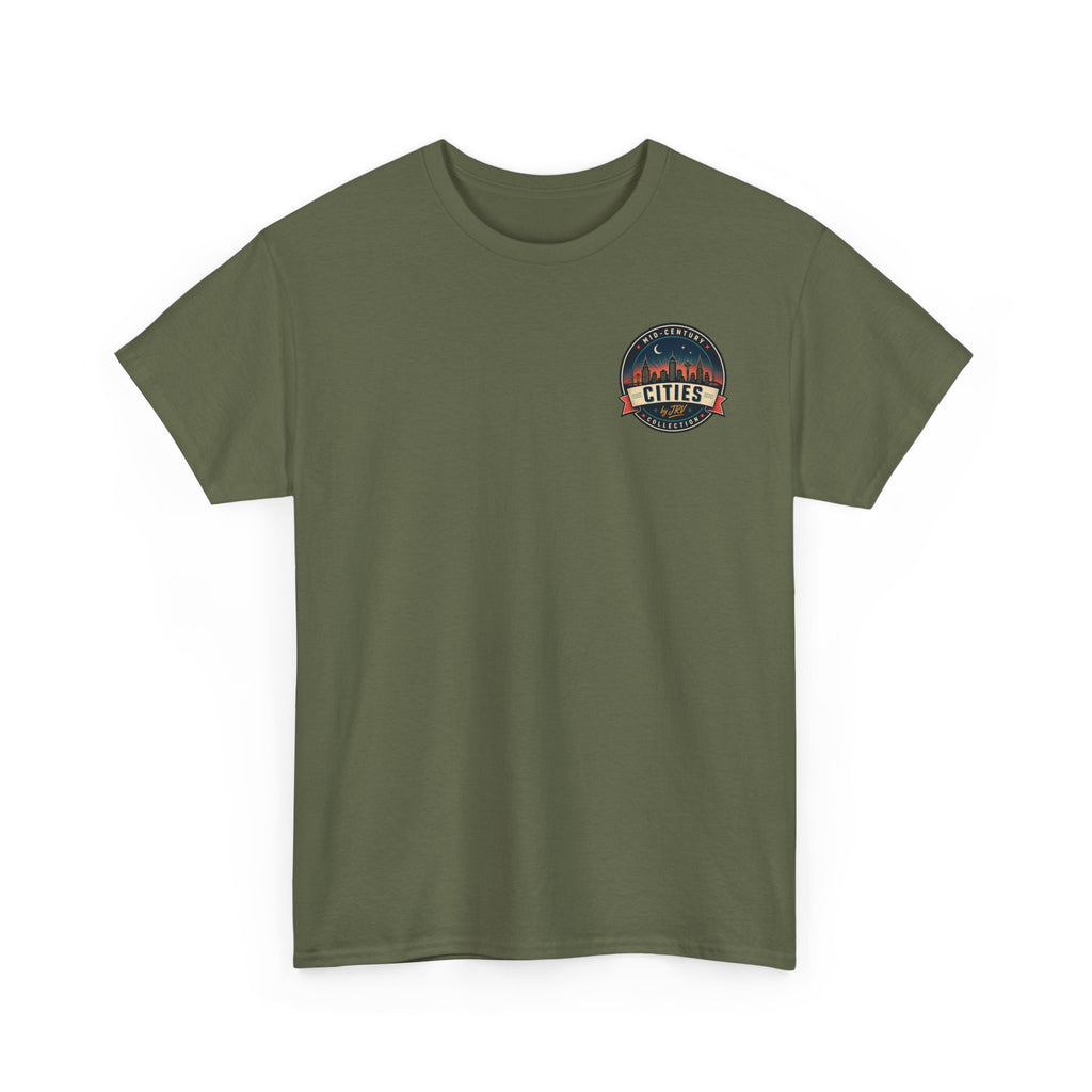 Olive green crewneck T-shirt with small round Cities patch on left chest