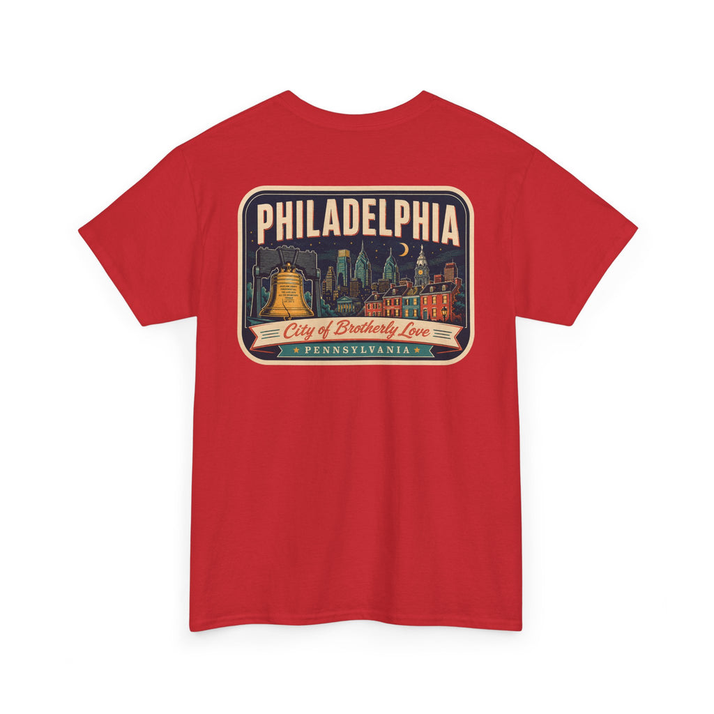 Red T-shirt with Philadelphia skyline luggage-tag graphic patch