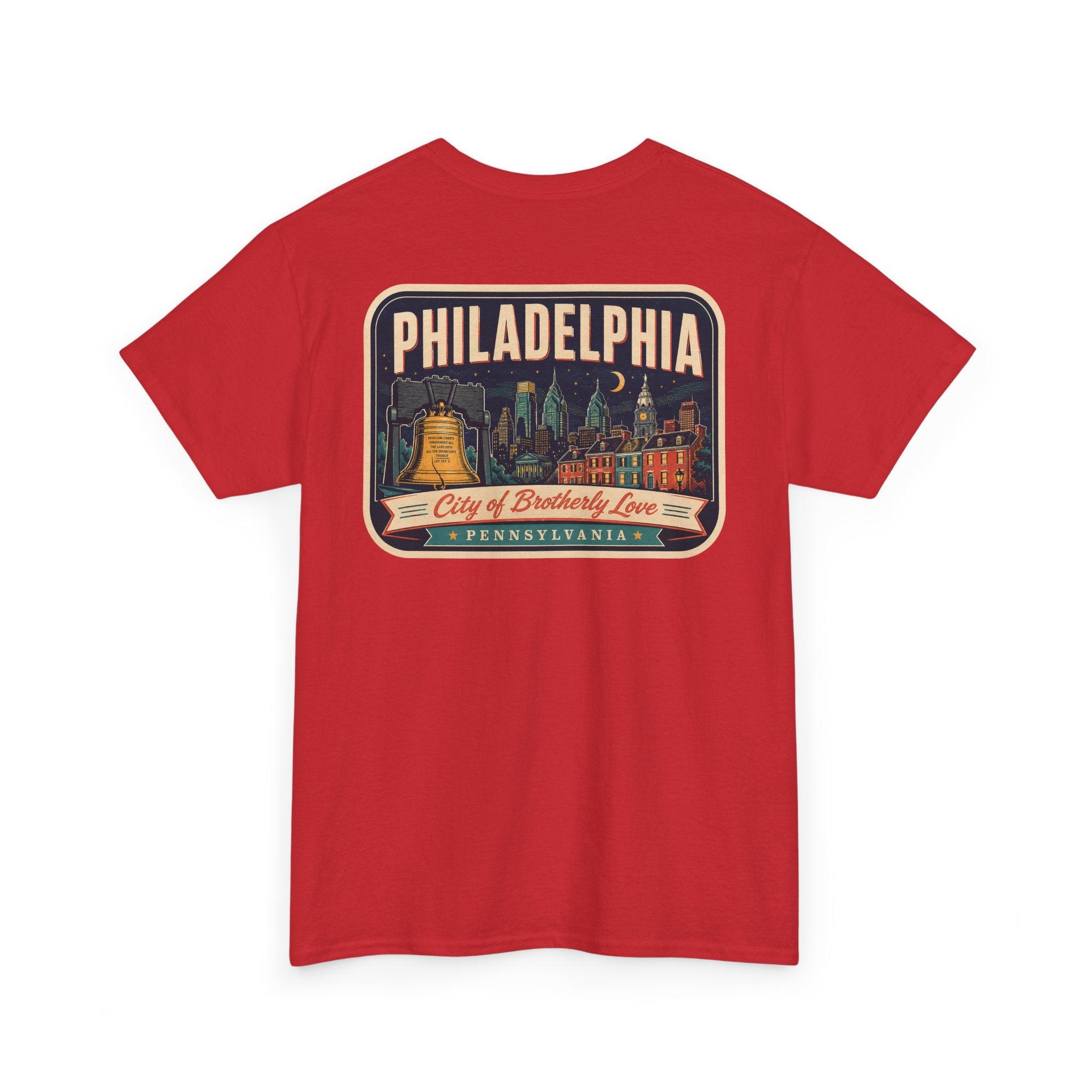 Red T-shirt with Philadelphia skyline luggage-tag graphic patch