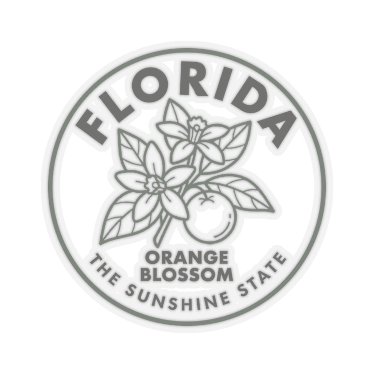 Transparent vinyl sticker, circular Florida orange blossom emblem with leaf and text