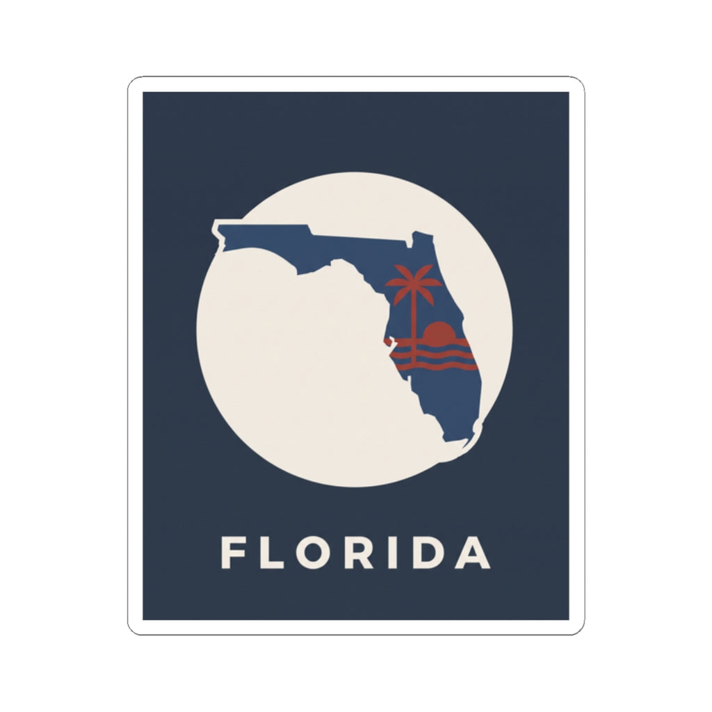 Florida sticker square design: white circle, Florida outline with red palm tree, FLORIDA