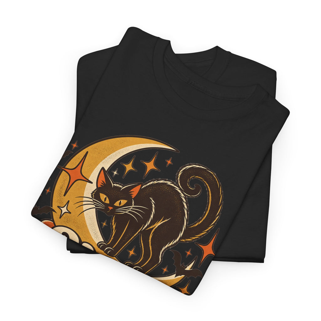 Hex Appeal Black Cat T-Shirt, Retro Crescent Moon Witchy Halloween Shirt for Women and Men, Funny Spooky Cat Lover Tee
