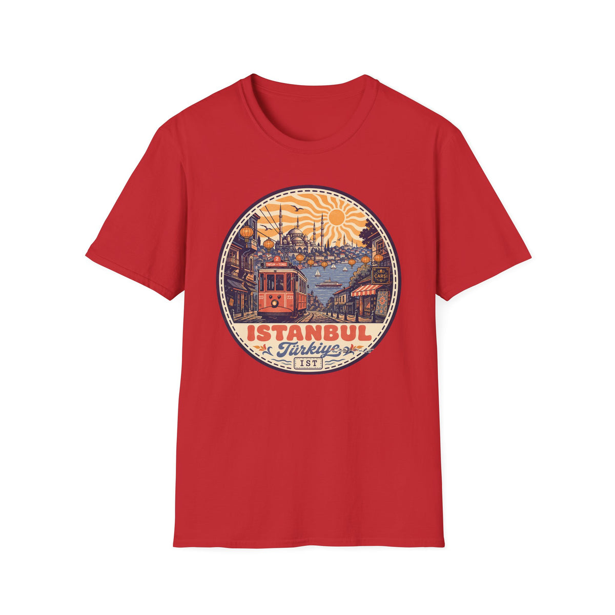Red short-sleeve T-shirt with circular vintage tram and Istanbul skyline graphic