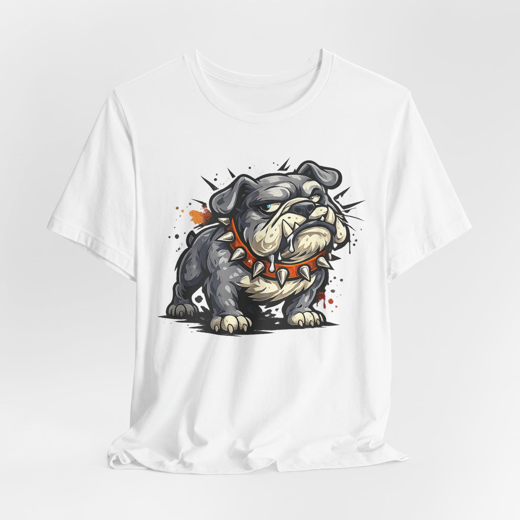 White crew-neck T-shirt with bulldog graphic illustration on chest