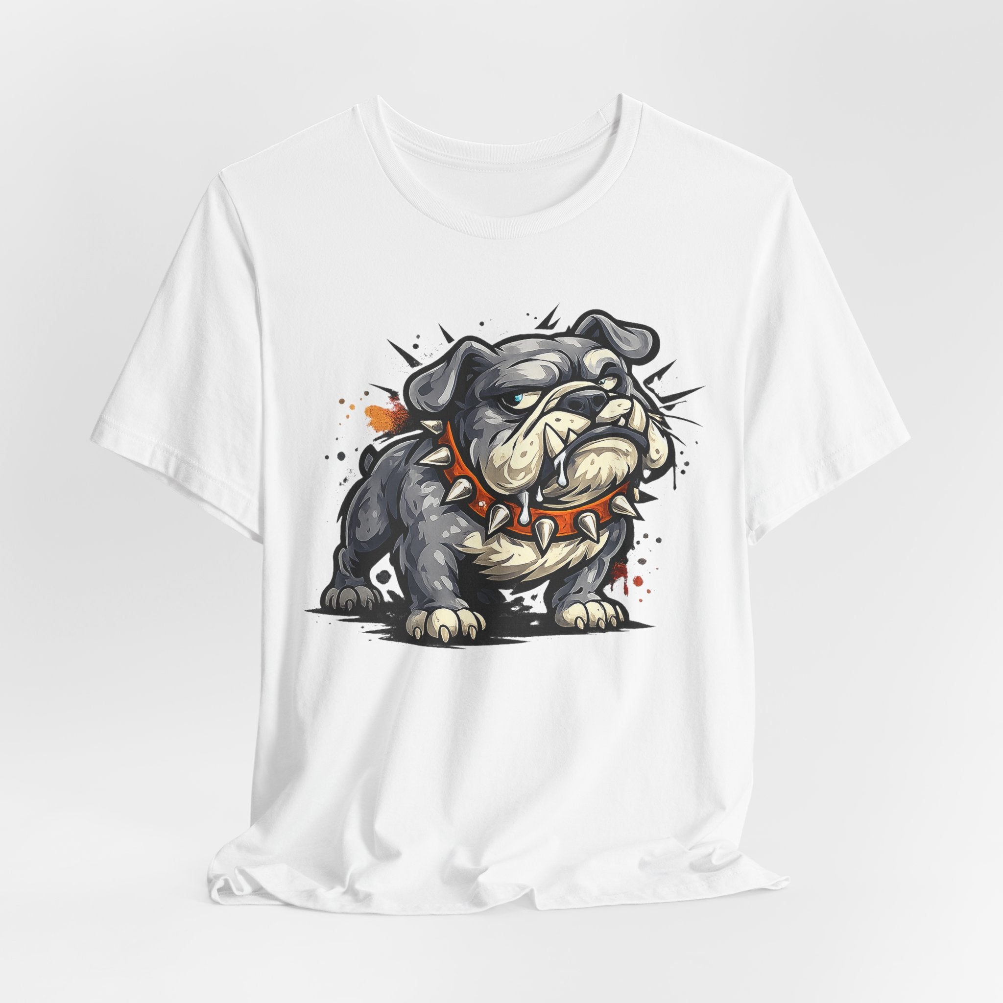 White crew-neck T-shirt with bulldog graphic illustration on chest
