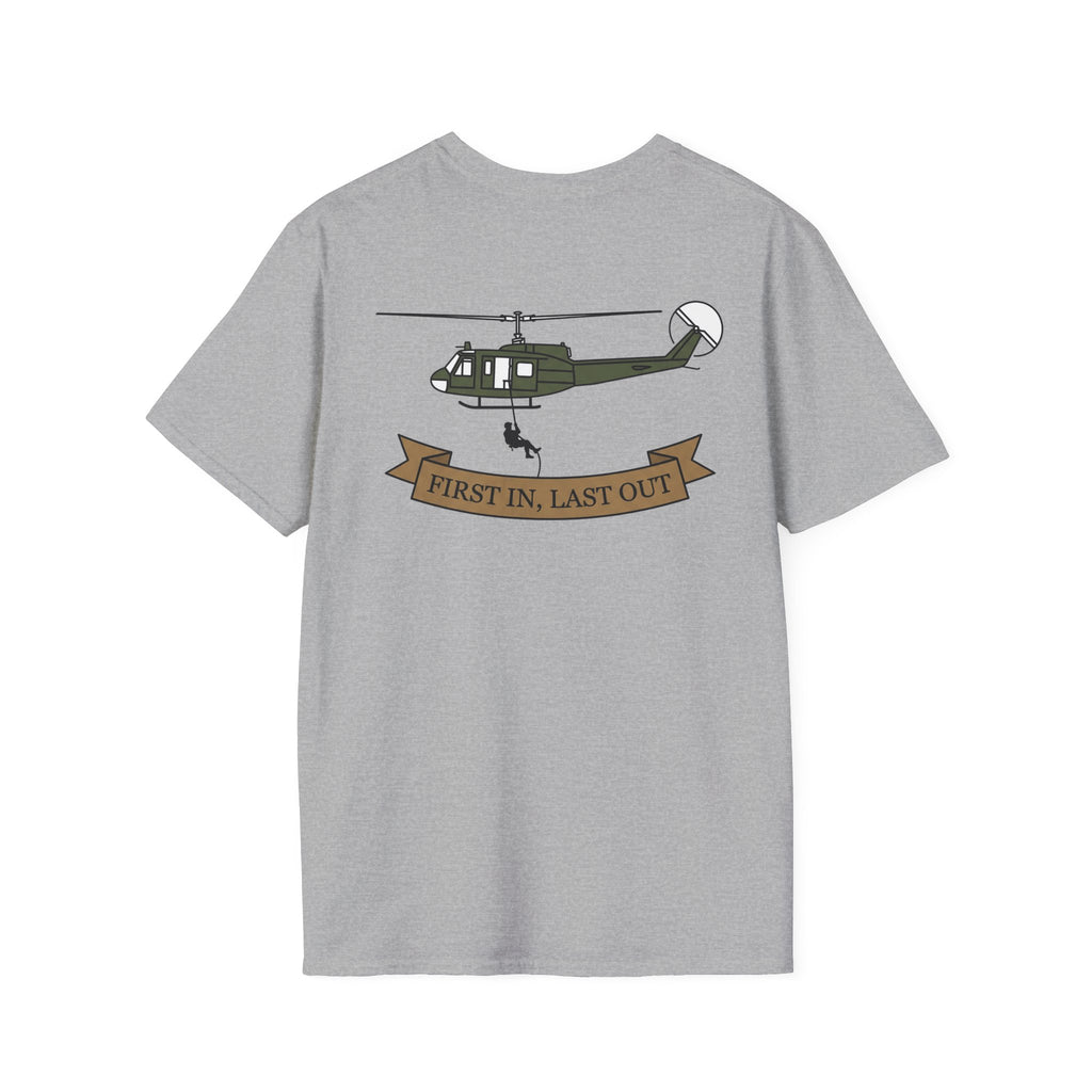 Heather gray rescue helicopter T-shirt with “FIRST IN, LAST OUT” ribbon graphic