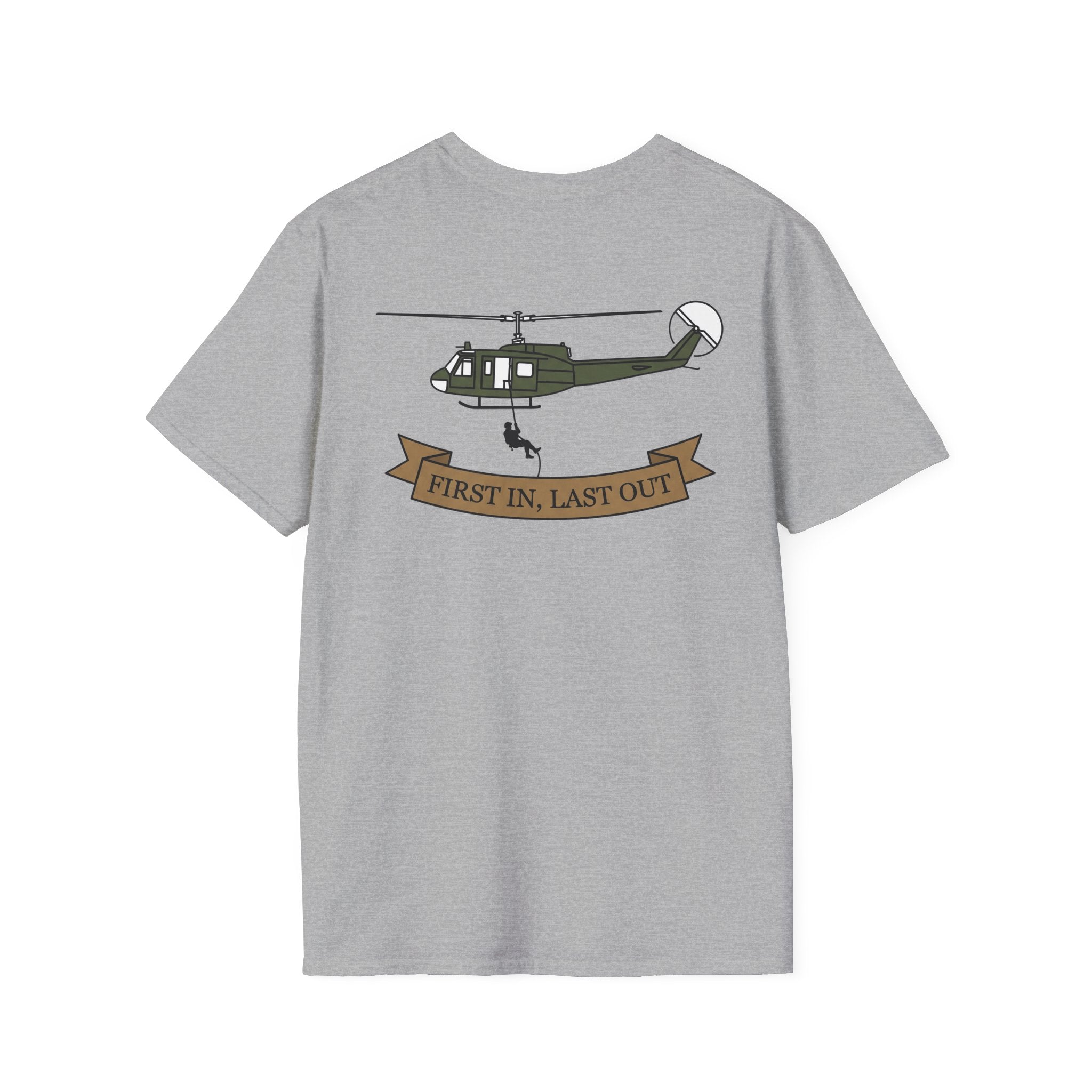 Heather gray rescue helicopter T-shirt with “FIRST IN, LAST OUT” ribbon graphic
