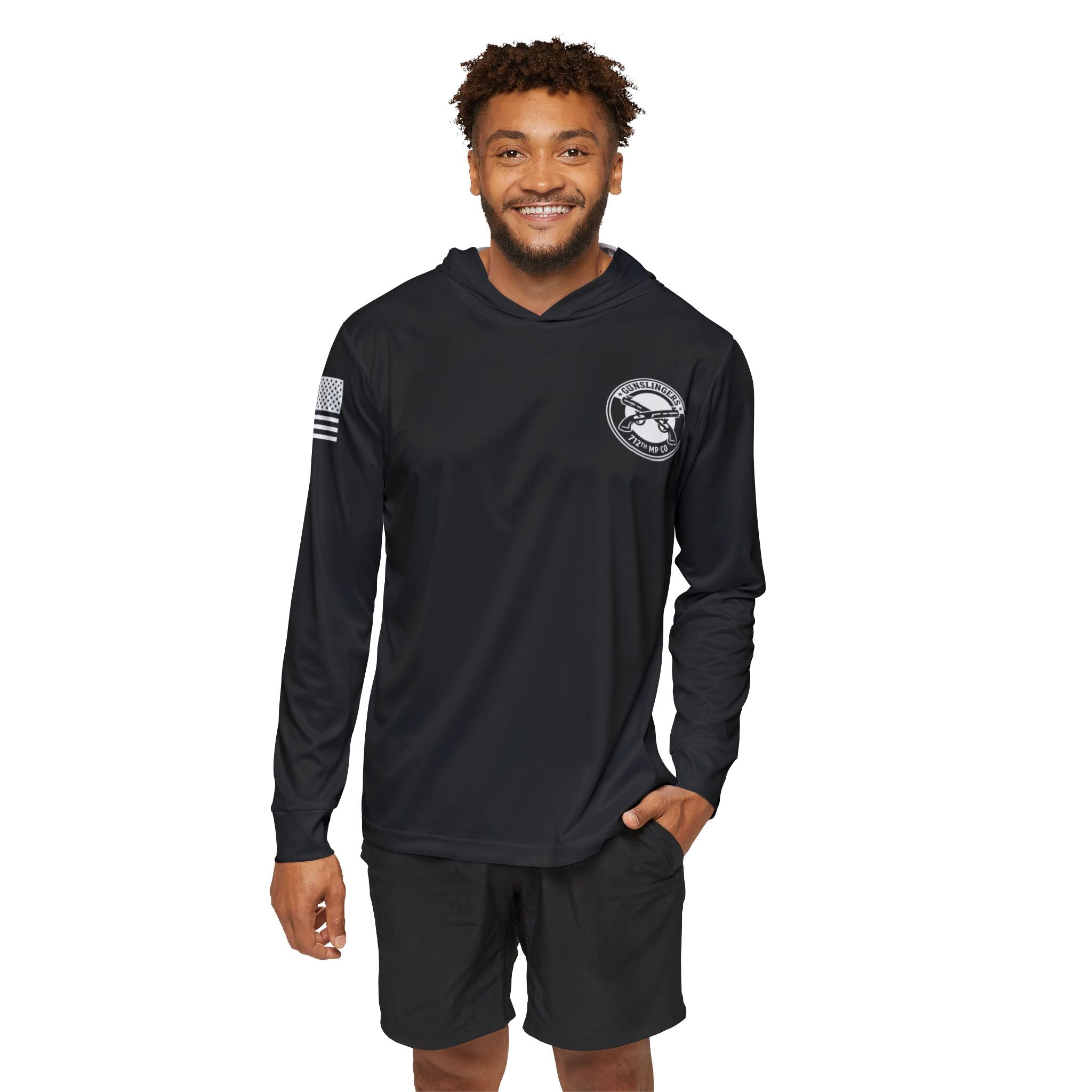 Dark sport hoodie with hood, front emblem, striped sleeve detail, long sleeves