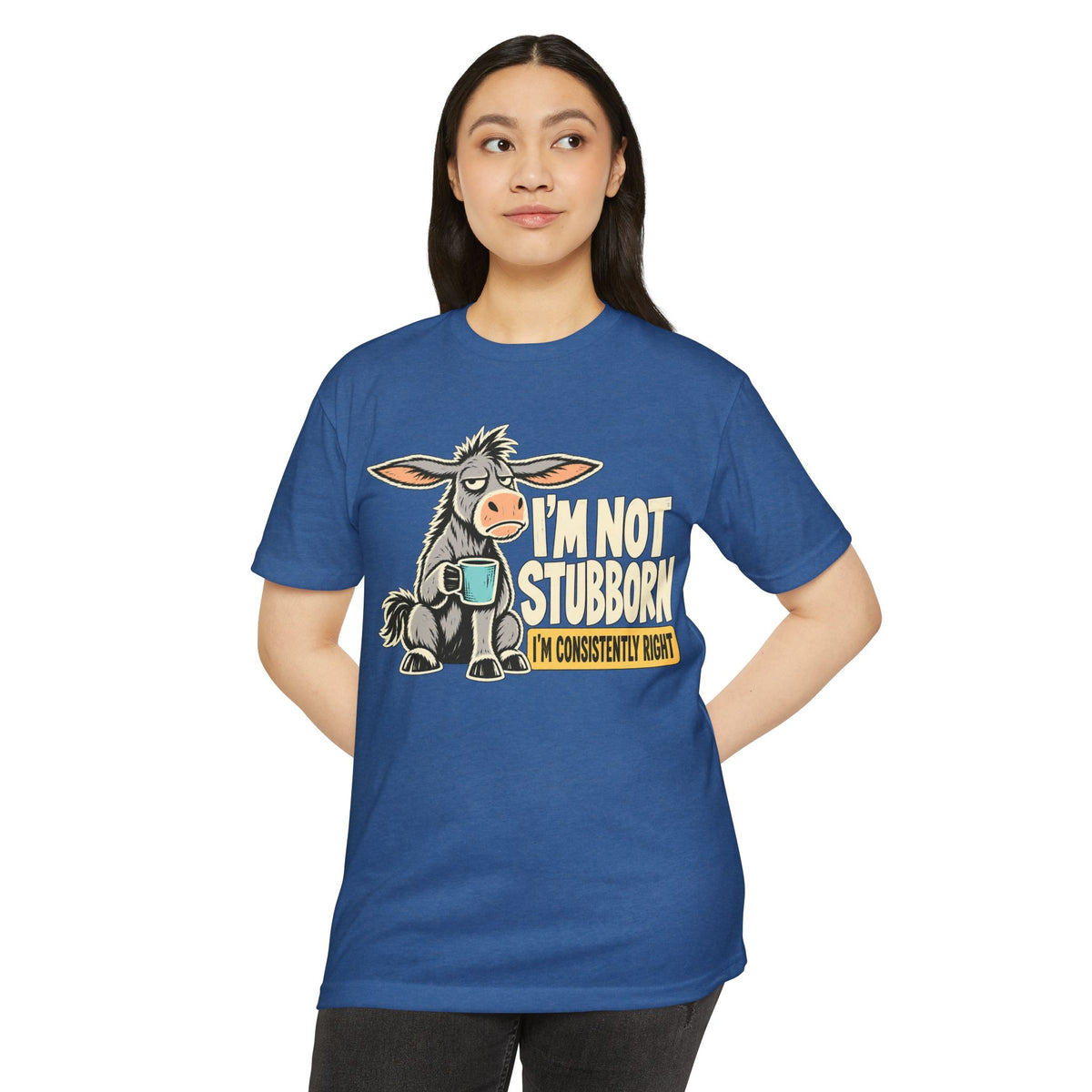 Blue crew-neck T-shirt with cartoon donkey coffee graphic on the front