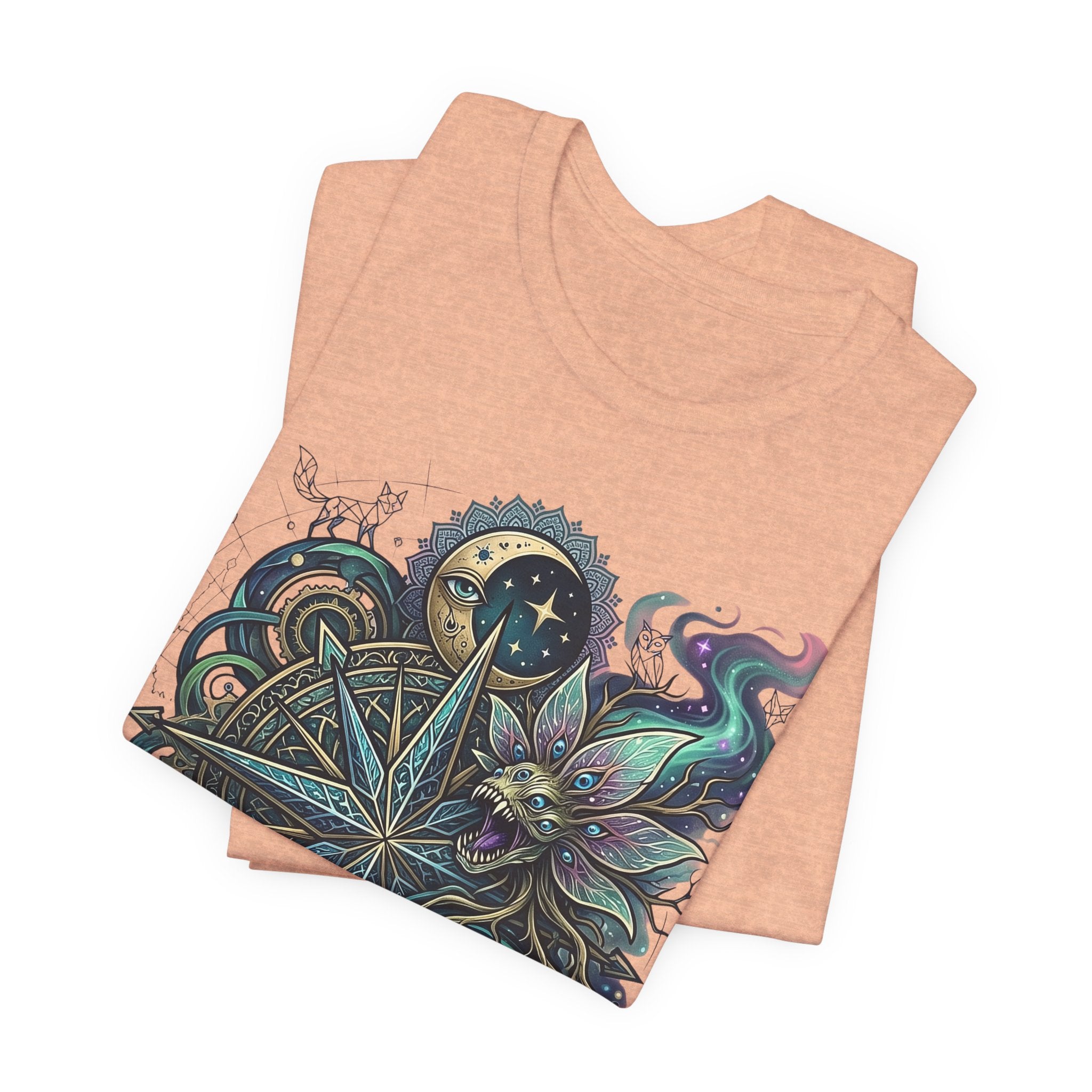 Heather peach T-shirt with celestial compass cat and star mandala graphic