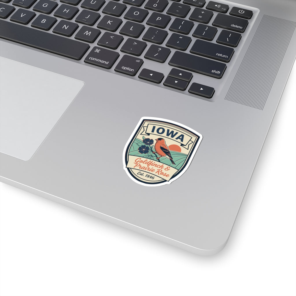 Iowa vintage state badge sticker with goldfinch and prairie rose, round with white border