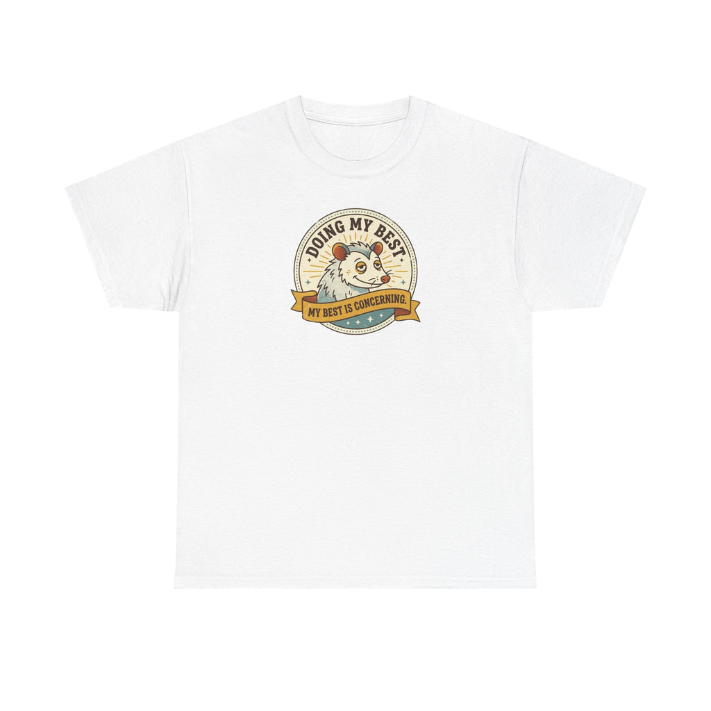 White sloth graphic T-shirt with round badge-style front print