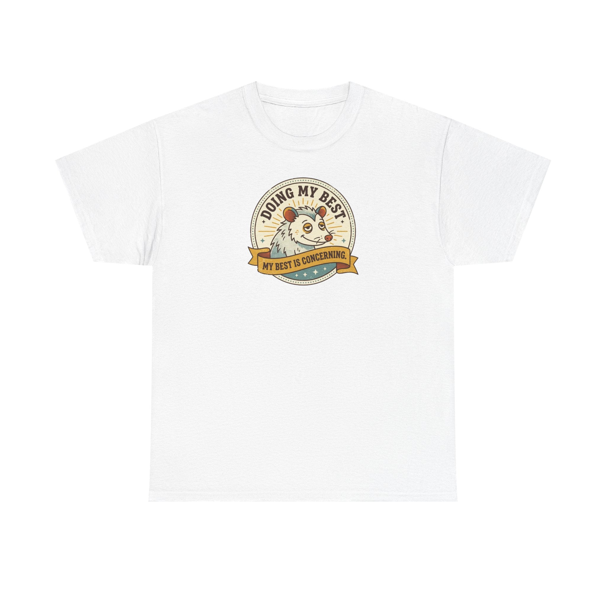 White sloth graphic T-shirt with round badge-style front print