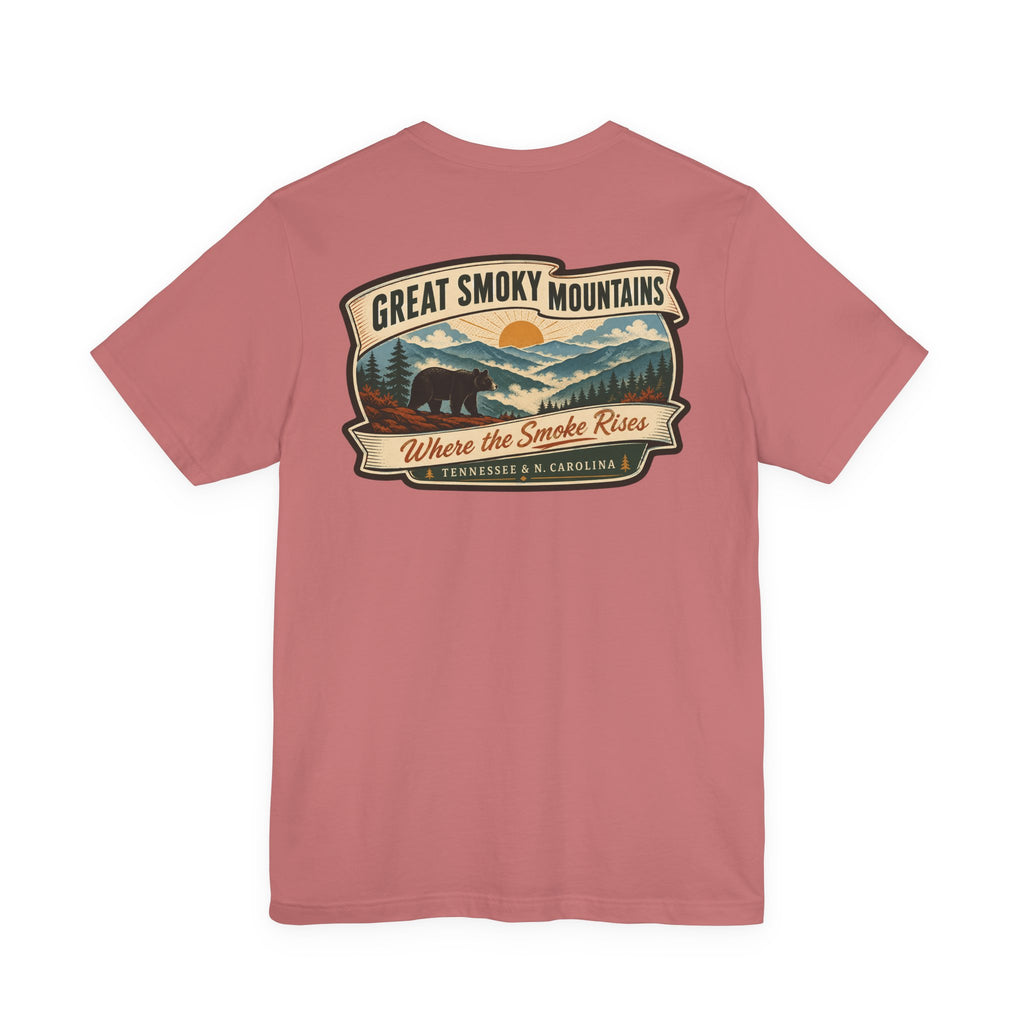 Maroon crew-neck T-shirt with Great Smoky Mountains retro landscape chest graphic