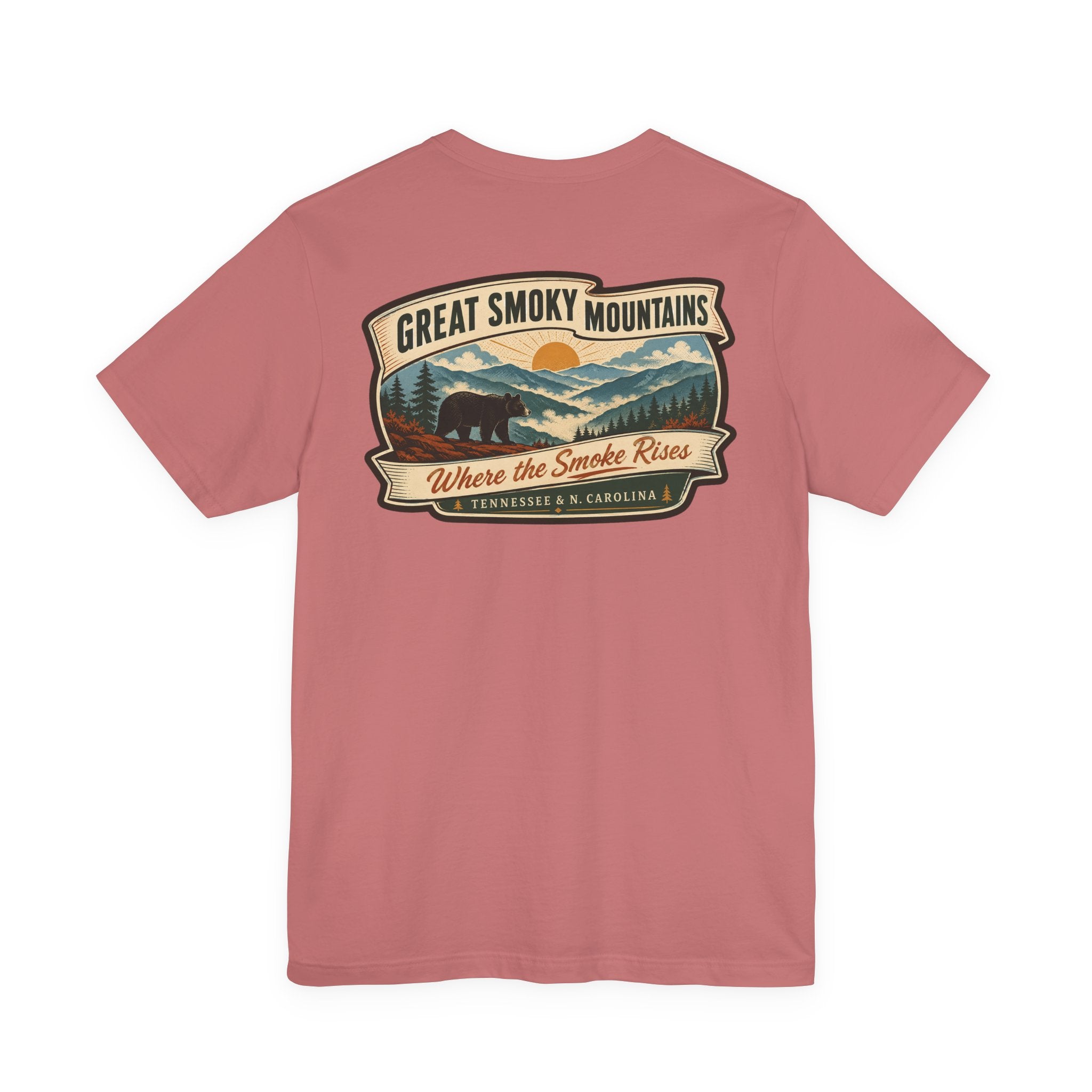 Maroon crew-neck T-shirt with Great Smoky Mountains retro landscape chest graphic